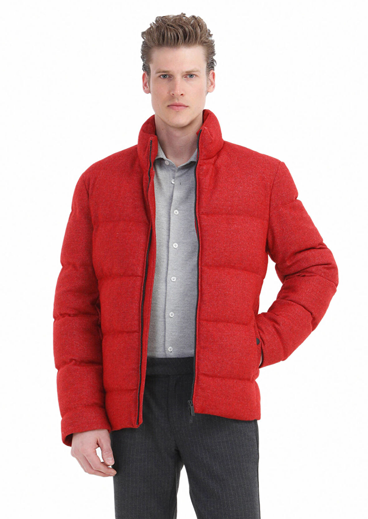 Kırmızı Regular Fit Dik Yaka Casual Dokuma Mont