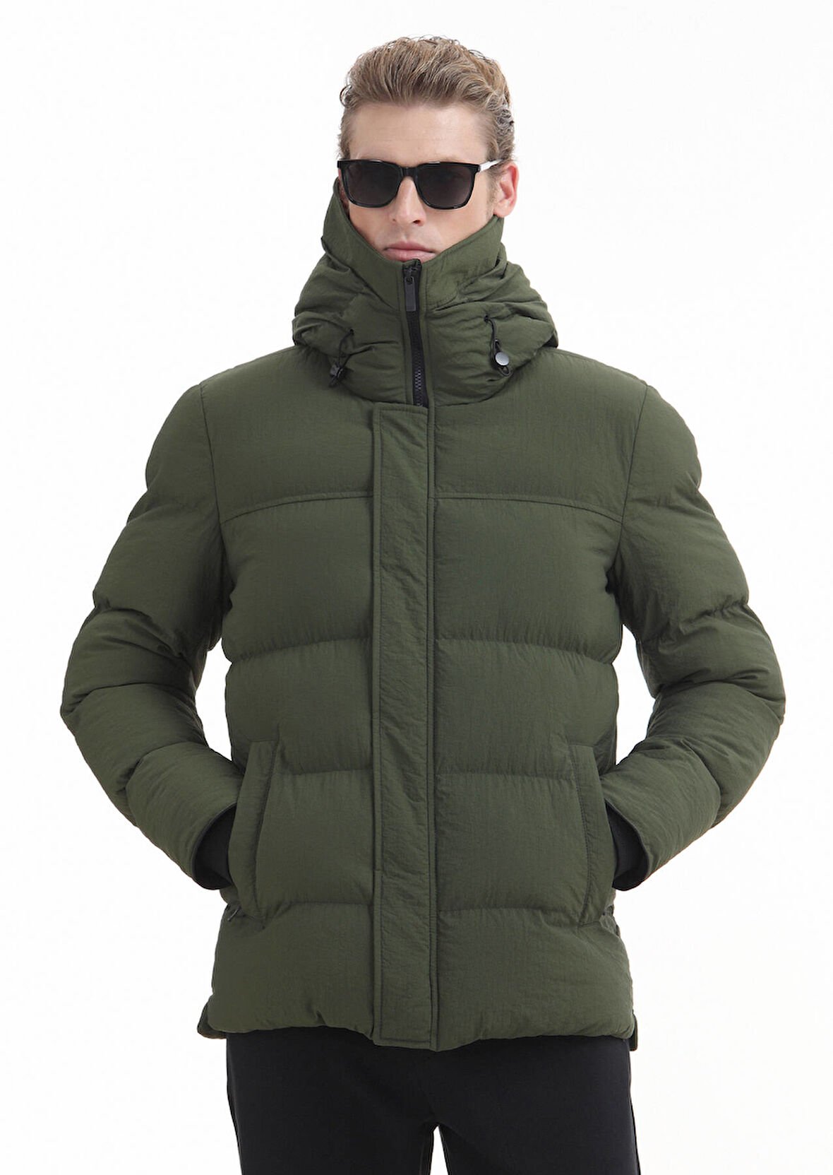 Haki Regular Fit Kapüşonlu Casual Dokuma Mont
