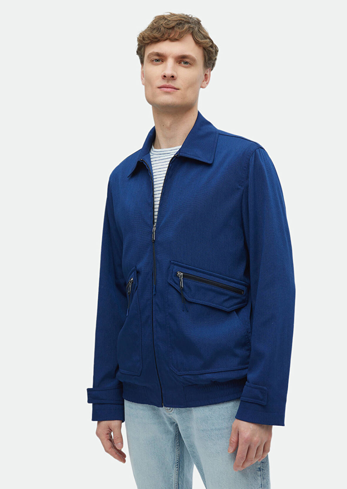 Lacivert Regular Fit Gömlek Yaka Casual Dokuma Mont