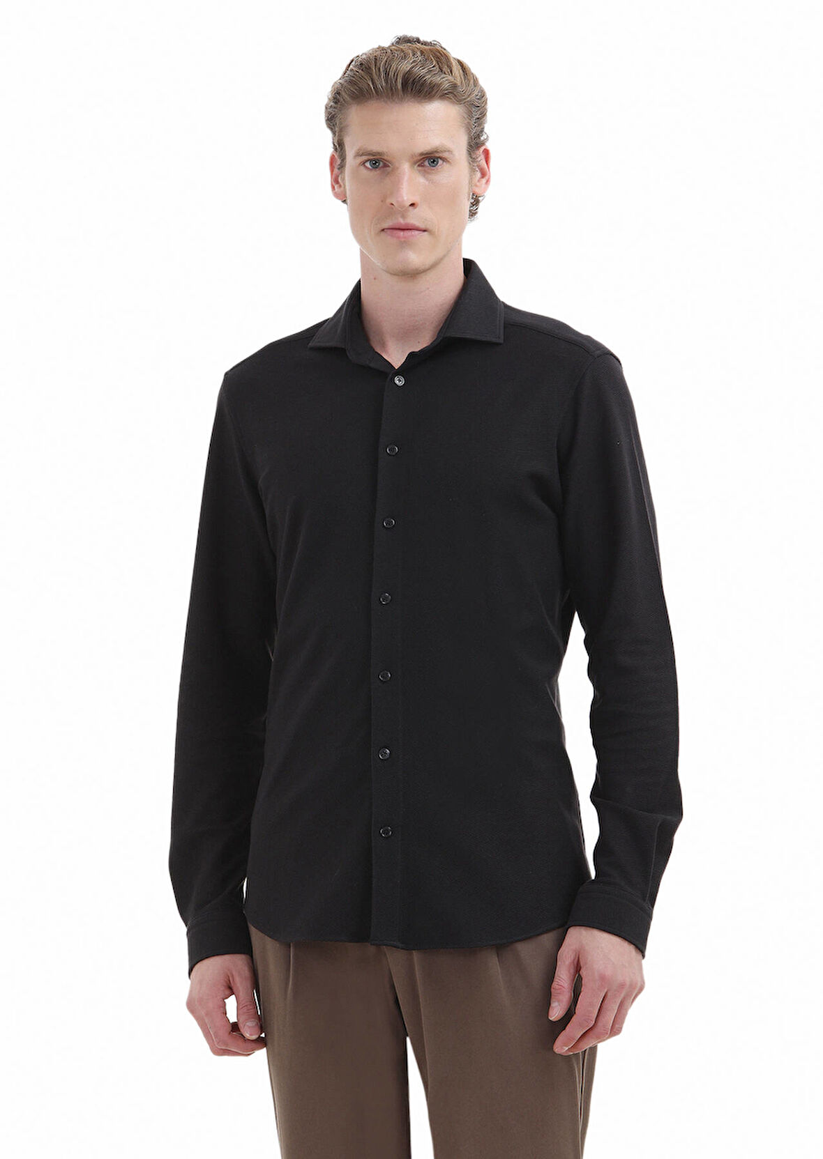 Siyah Düz Slim Fit Casual %100 Pamuk Gömlek