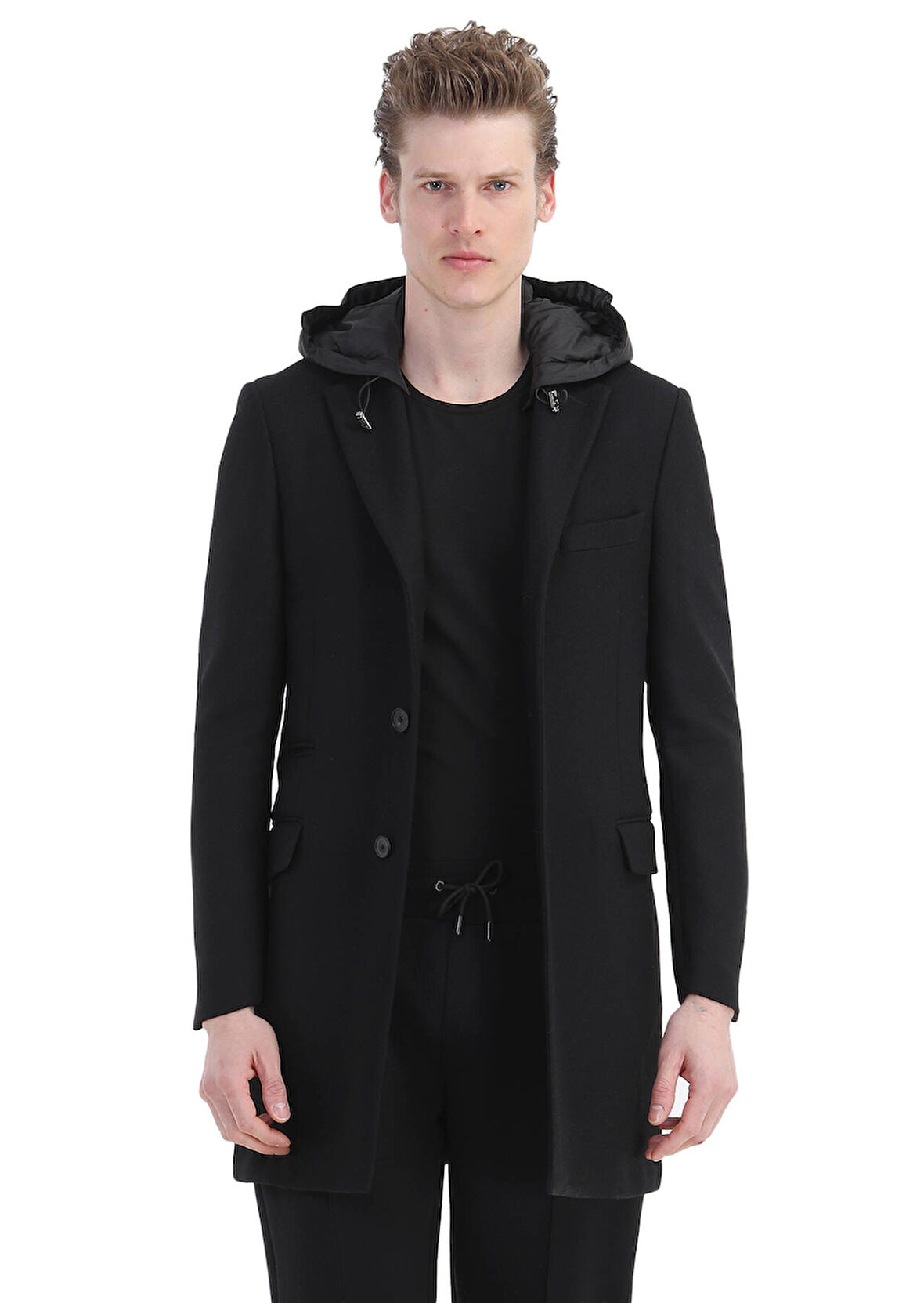 Siyah Regular Fit Kelebek Yaka Casual Dokuma Palto