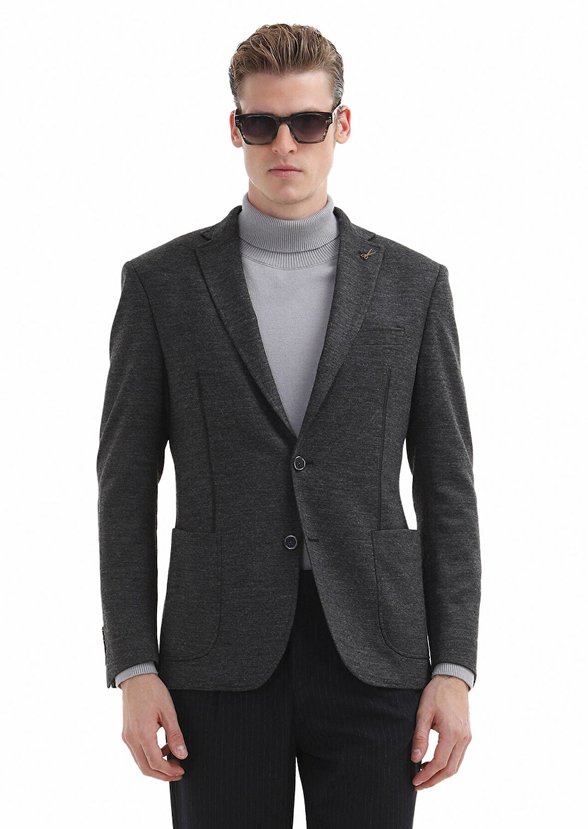 Antrasit Düz Zeroweight Slim Fit Yün Karışımlı Örme Ceket