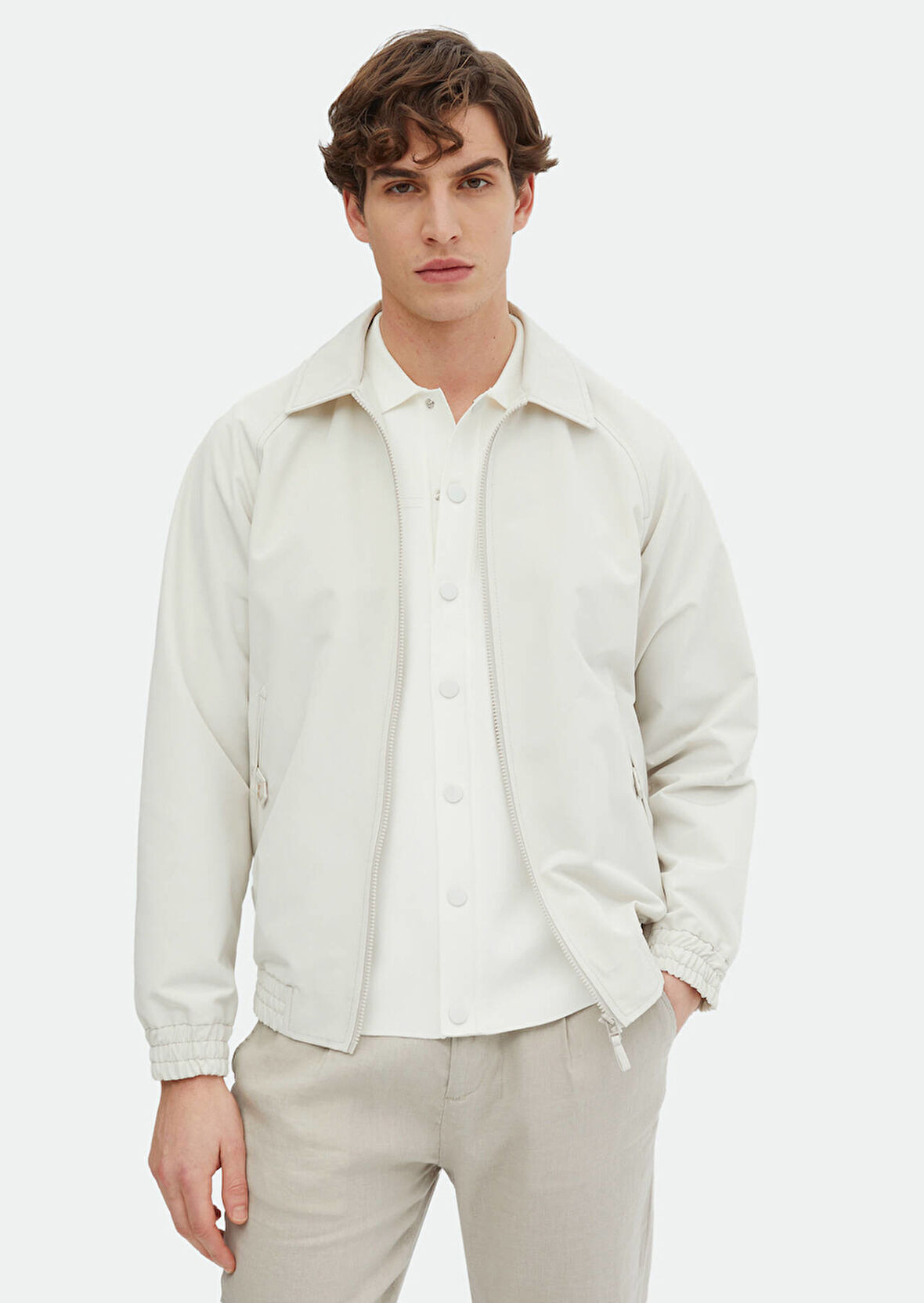 Ekru Regular Fit Gömlek Yaka Casual Dokuma Mont