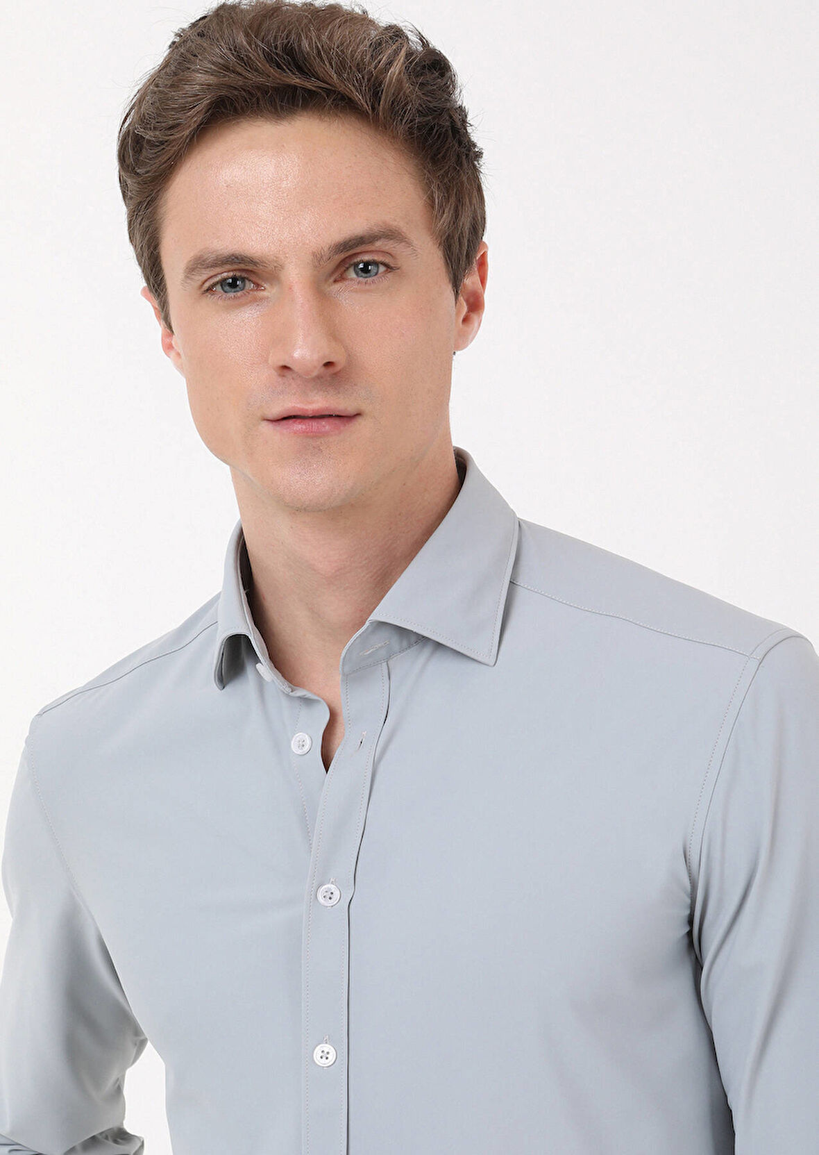 Gri Düz Regular Fit Dokuma Klasik Gömlek