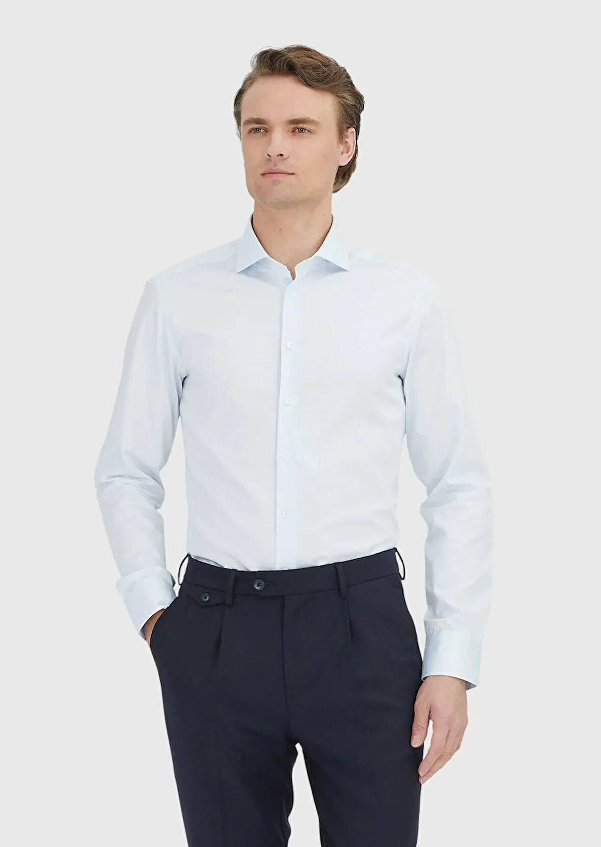 Açık Mavi Düz Slim Fit Dokuma Klasik %100 Pamuk Gömlek