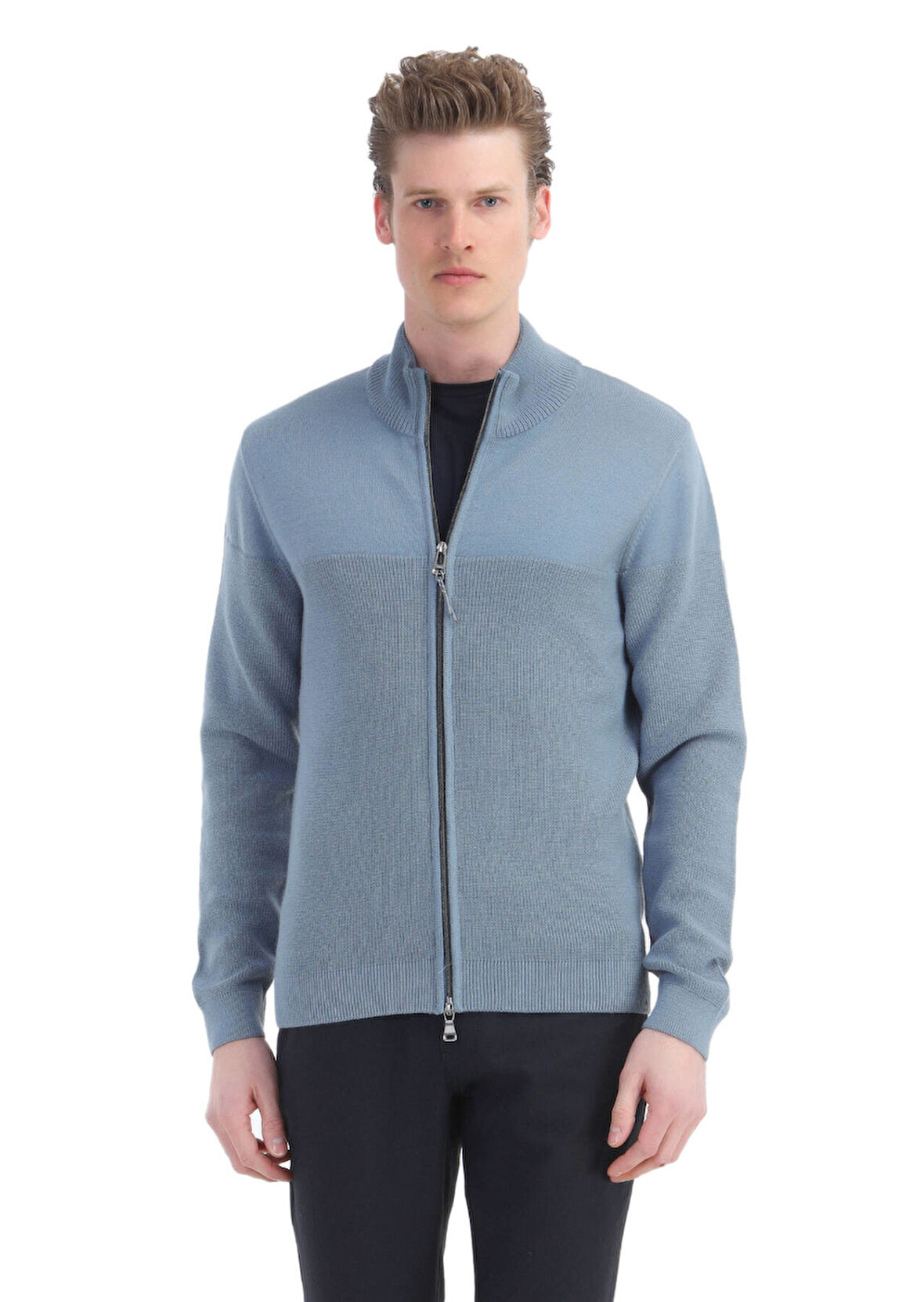 Mavi Bisiklet Yaka Selanik Pamuk Karışımlı Hırka