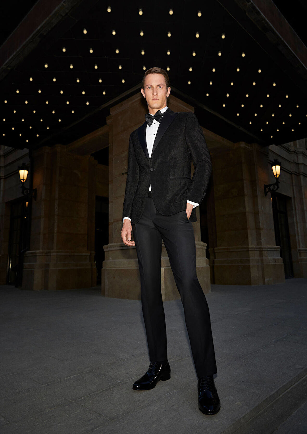 Siyah Desenli Thin&taller Slim Fit Kruvaze Yaka Dokuma Smokin Takım Elbise