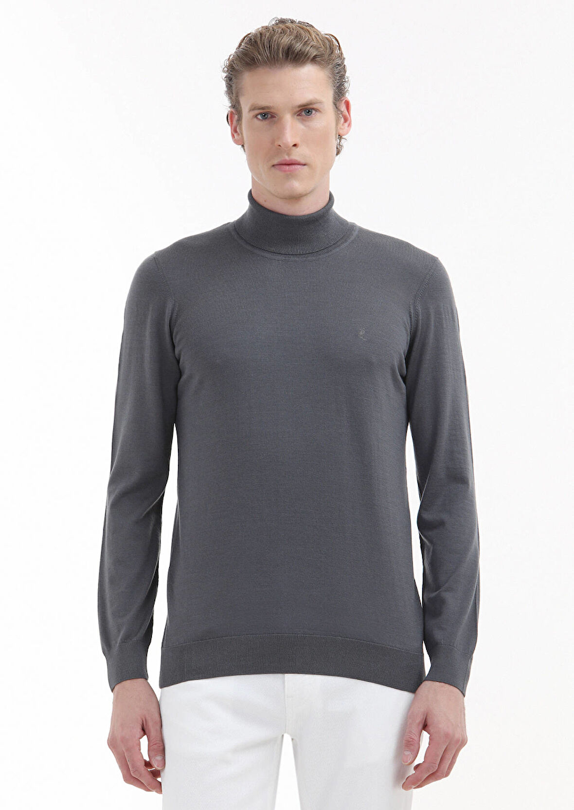 Antrasit Tam Balıkçı Yaka Düz Örgü İpek Karışımlı Triko Kazak