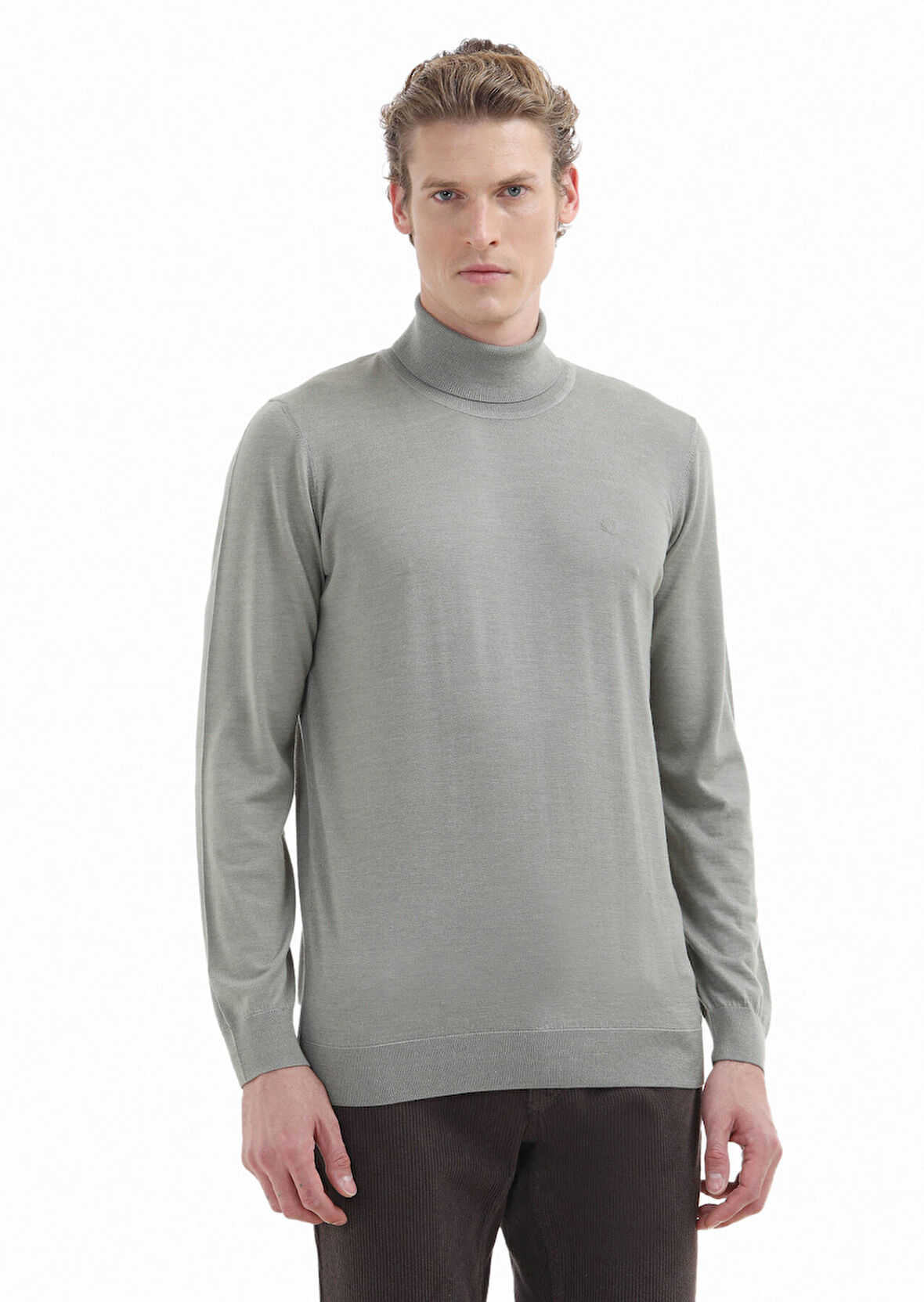 Vizon Tam Balıkçı Yaka Düz Örgü İpek Karışımlı Triko Kazak