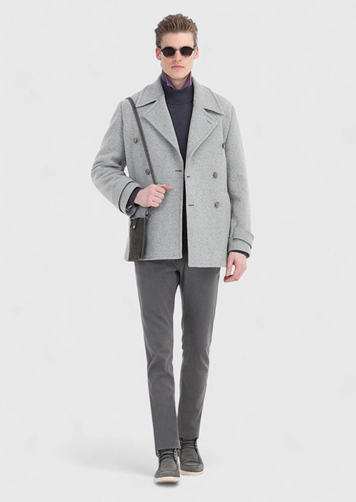 Gri Slim Fit Kruvaze Yaka Casual Örme Palto