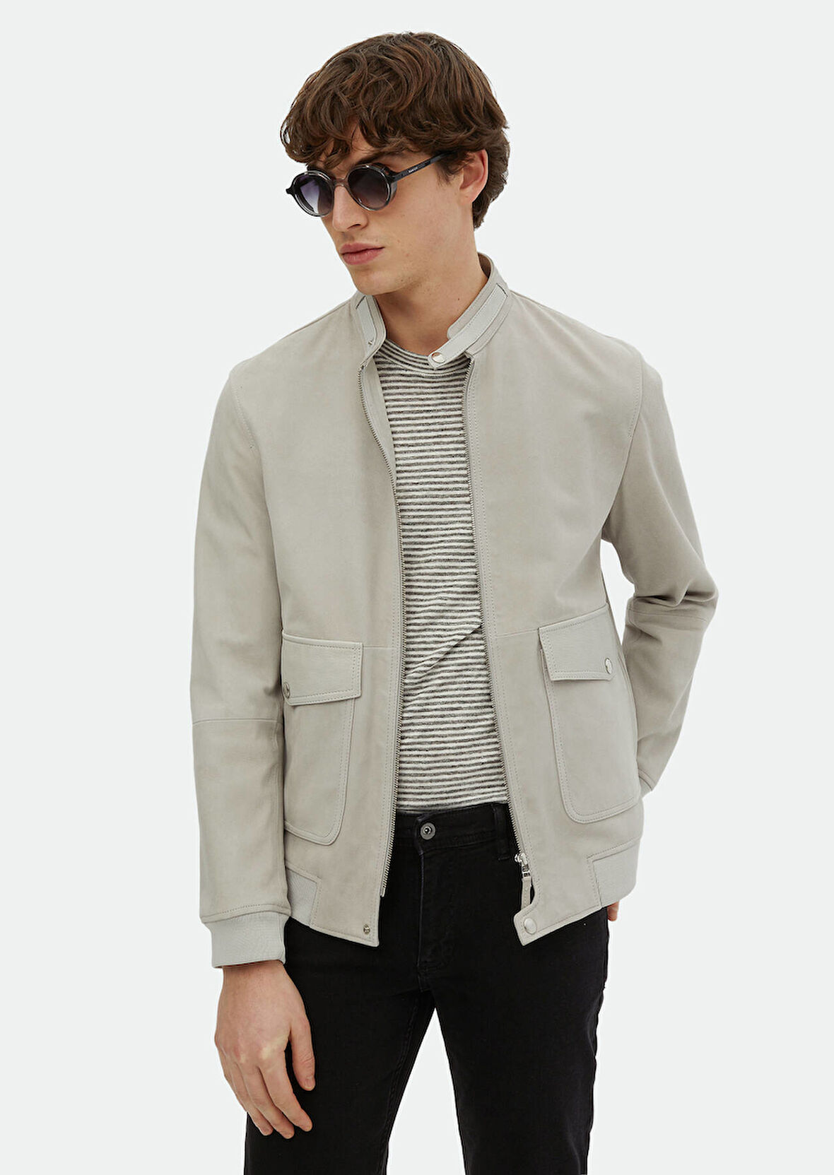 Gri Regular Fit Dik Yaka Casual Süet Deri Mont