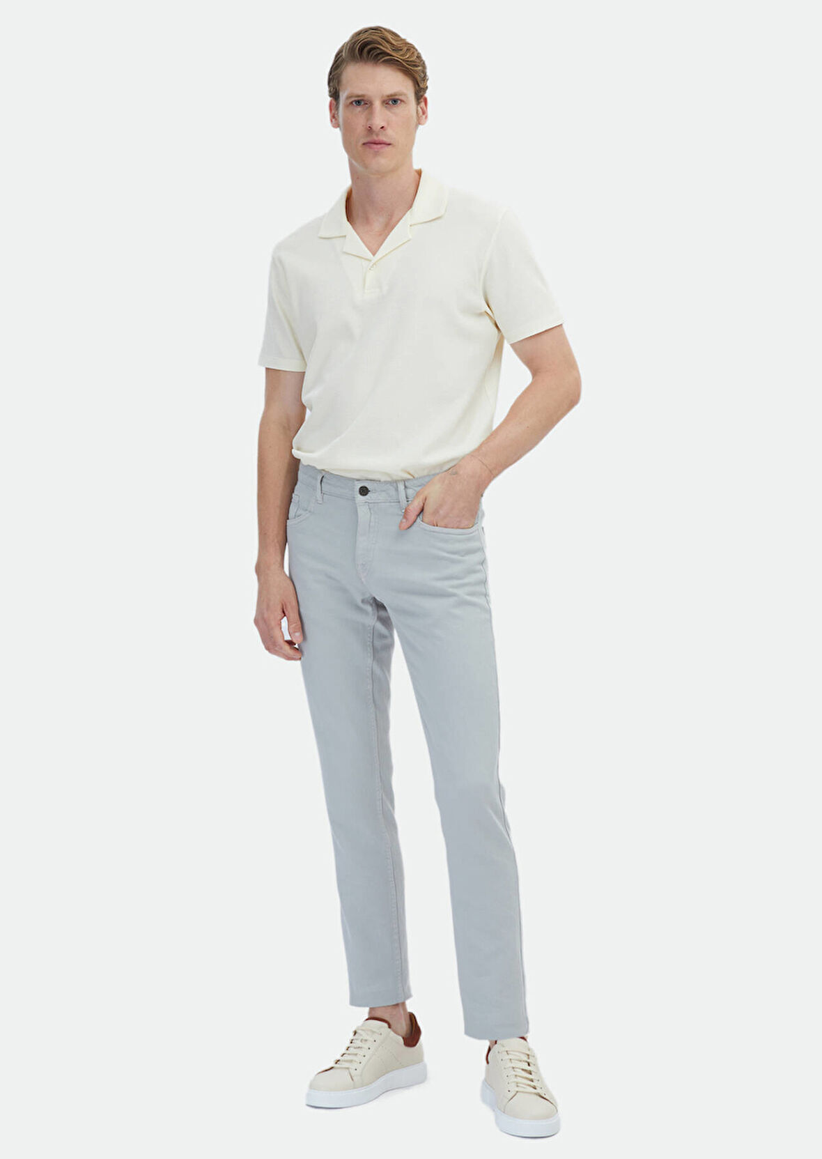 Gri Düz Dokuma Regular Fit Casual Pamuk Karışımlı Pantolon