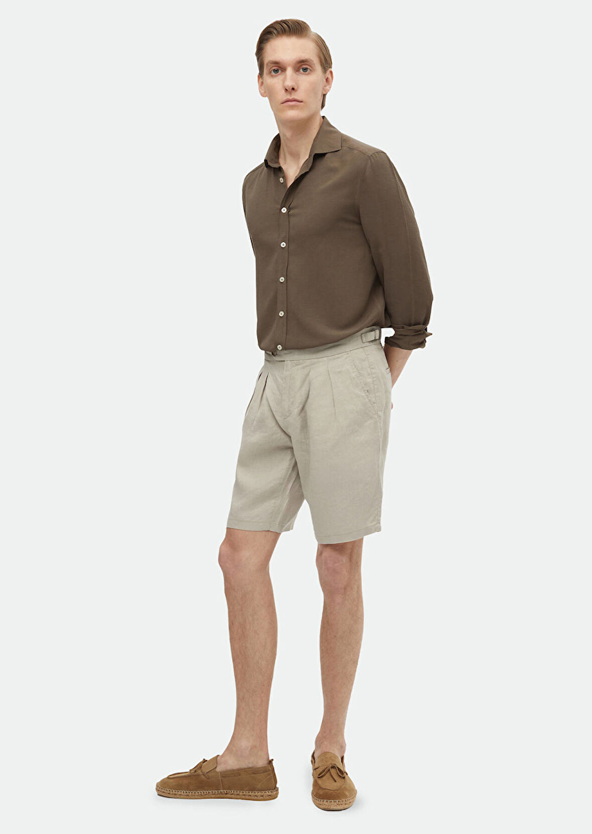 Bej Düz Dokuma Carrot Fit Casual %100 Keten Bermuda