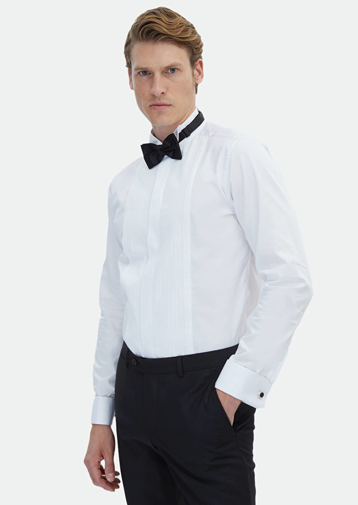 Beyaz Düz Slim Fit Duble Manşet Ata Yaka Smokin Gömlek