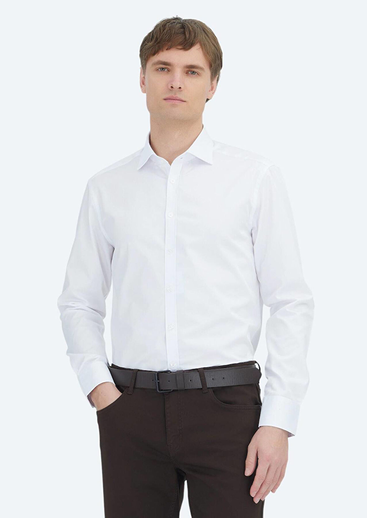 Beyaz Düz Regular Fit Dokuma Klasik %100 Pamuk Gömlek
