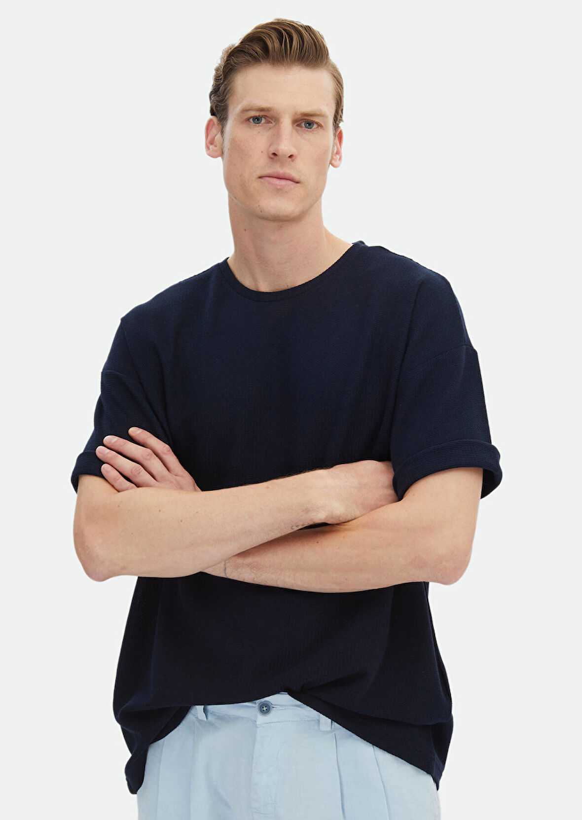 Lacivert Jakarlı Bisiklet Yaka %100 Pamuk T-Shirt