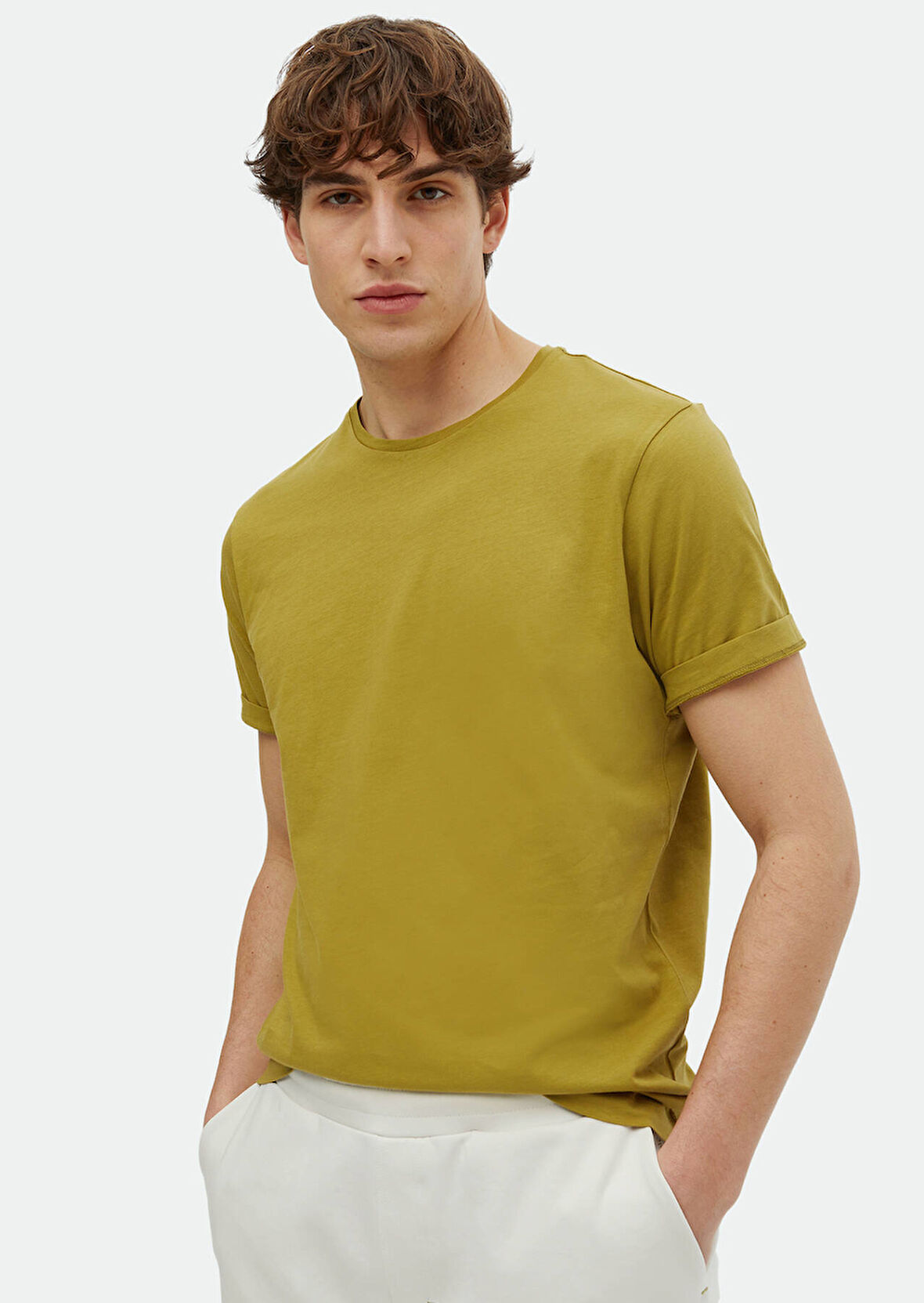 Yağ Yeşili Baskılı Bisiklet Yaka %100 Pamuk T-Shirt