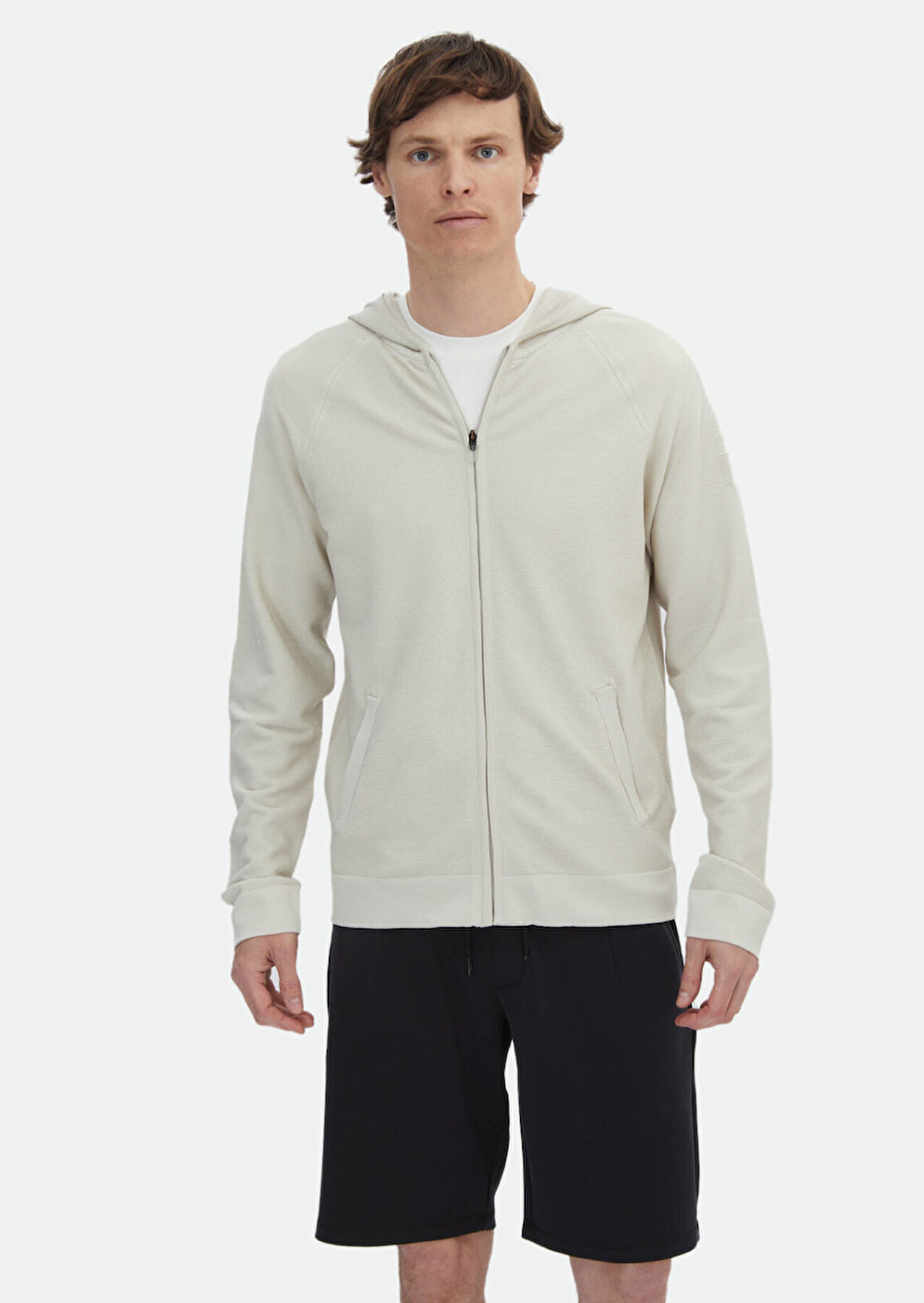 Bej Kapüşonlu Jakarlı Hırka