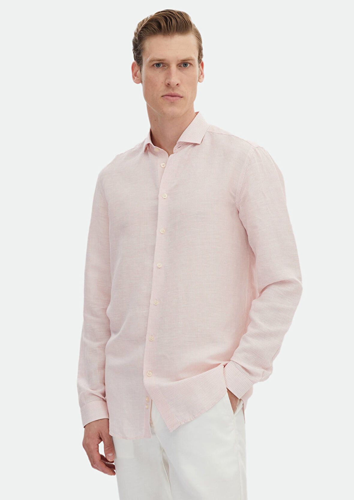 Pembe Çizgili Regular Fit Dokuma Casual Keten Karışımlı Gömlek