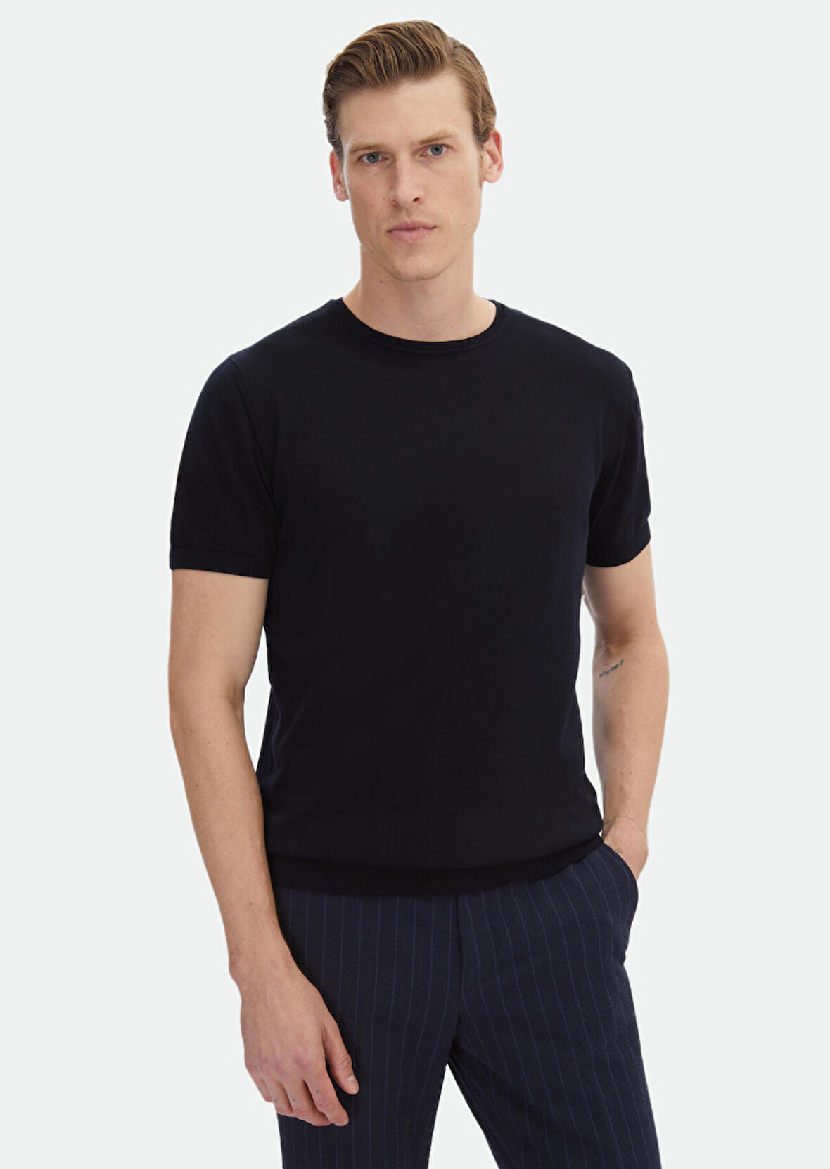 Lacivert Bisiklet Yaka Düz Örgü %100 Pamuk Triko