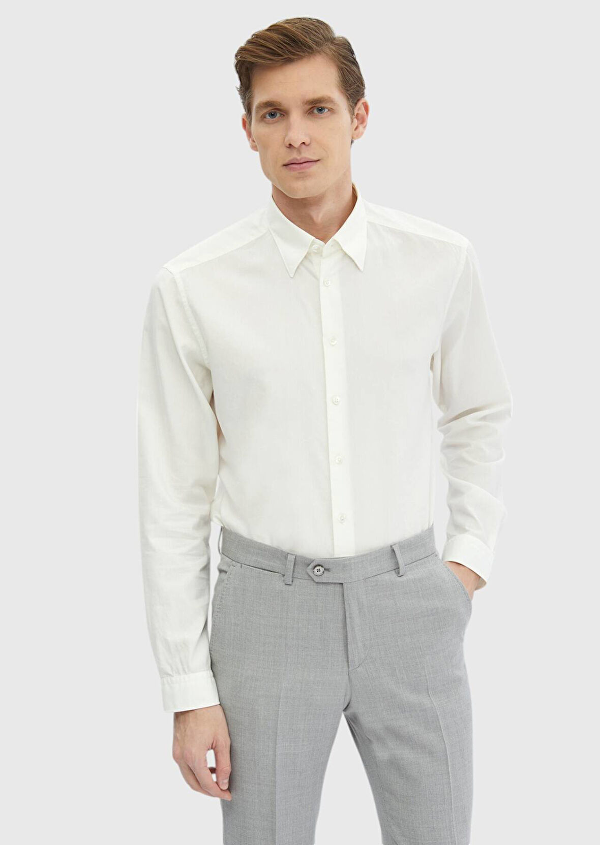 Ekru Düz Casual Fit Dokuma Casual Pamuk Karışımlı Gömlek