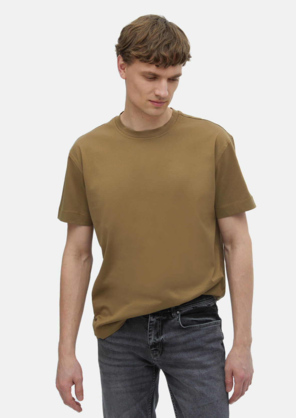 Deve Tüyü Düz Bisiklet Yaka %100 Pamuk T-Shirt