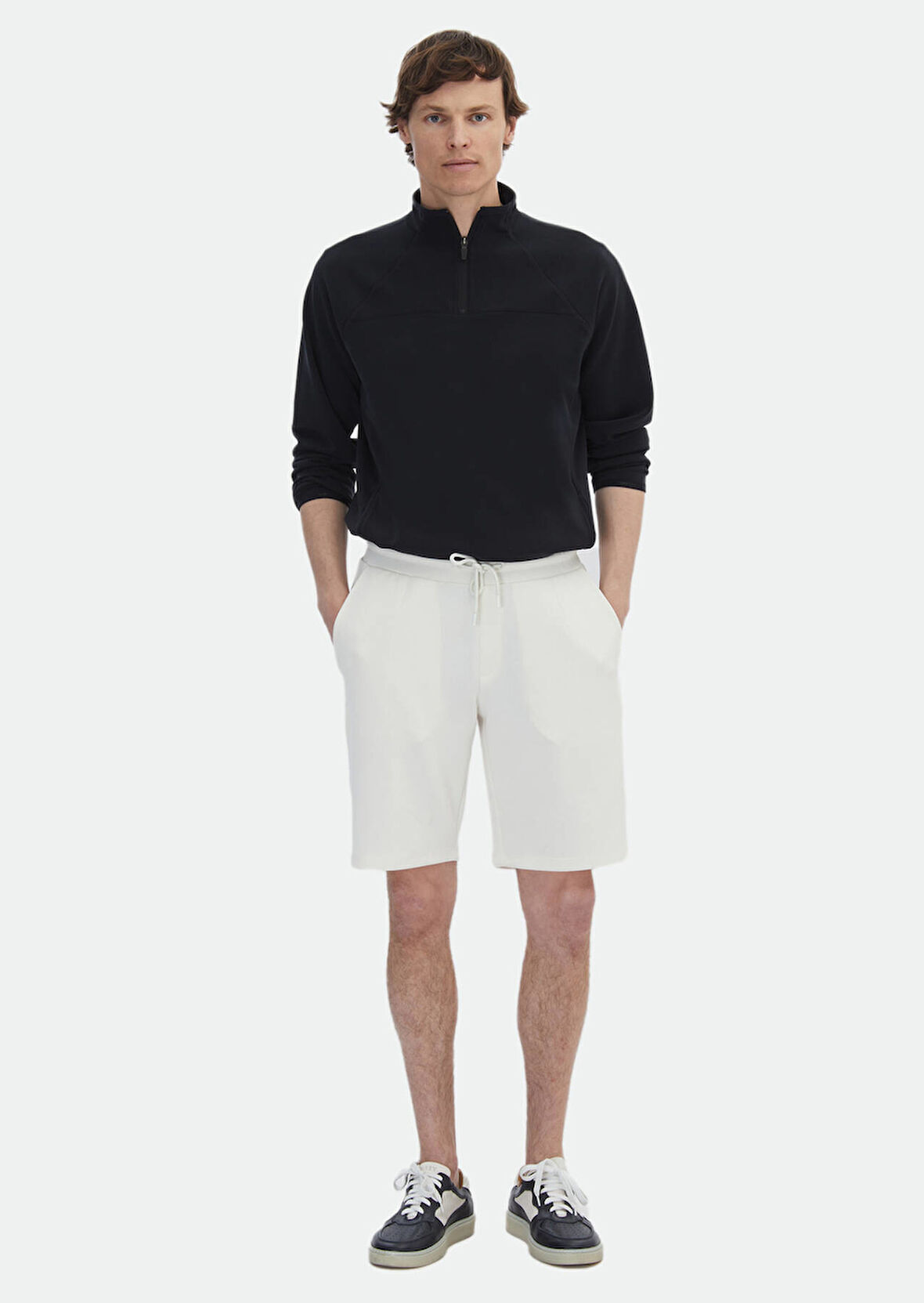 Ekru Düz Örme Jogging Fit Casual Bermuda