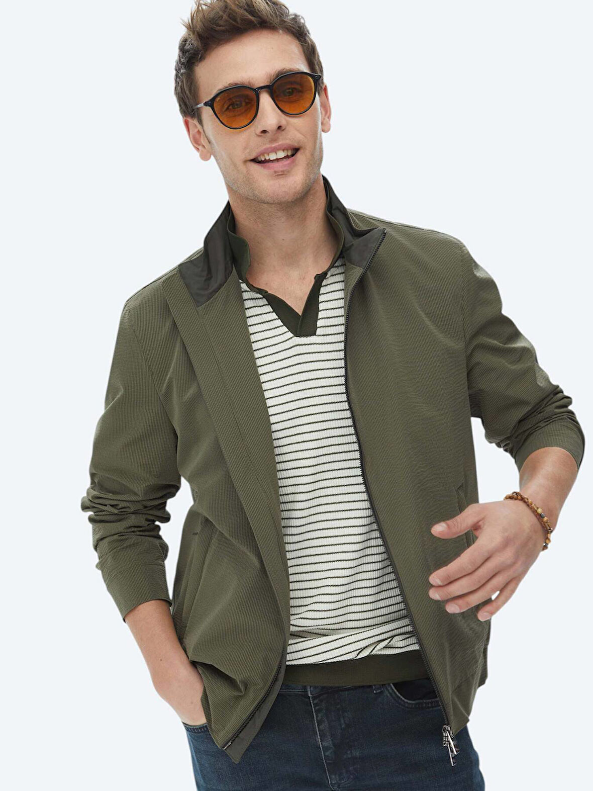 Haki Regular Fit Dik Yaka Casual Dokuma Mont