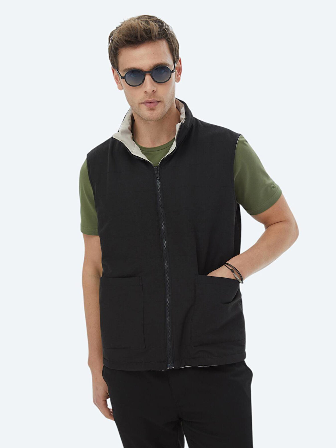 Siyah Regular Fit Gizli Kapüşon Casual Dokuma Çift Taraflı Spor Yelek