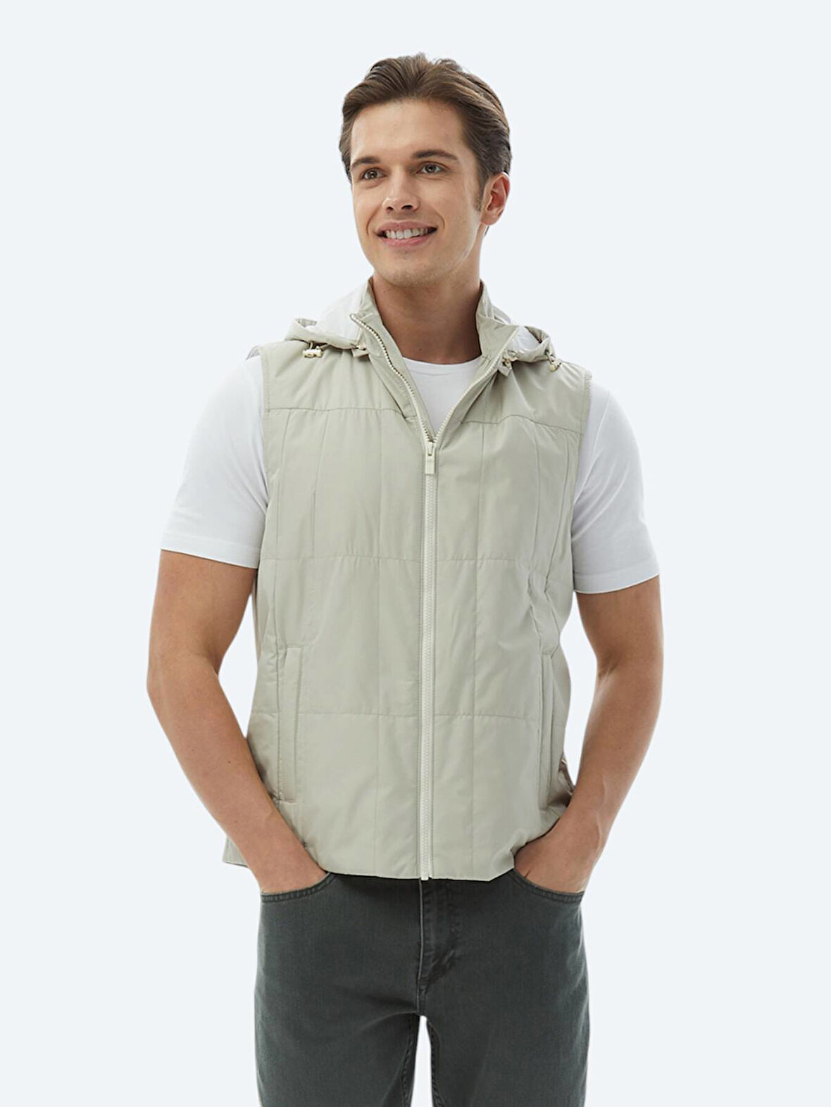 Açık Haki Regular Fit Kapüşonlu Casual Dokuma Spor Yelek