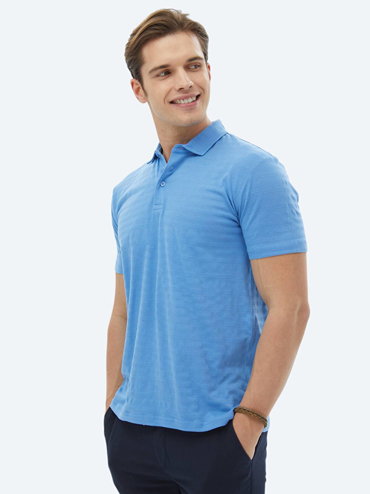 Mavi Jakarlı Polo Yaka %100 Pamuk T-Shirt