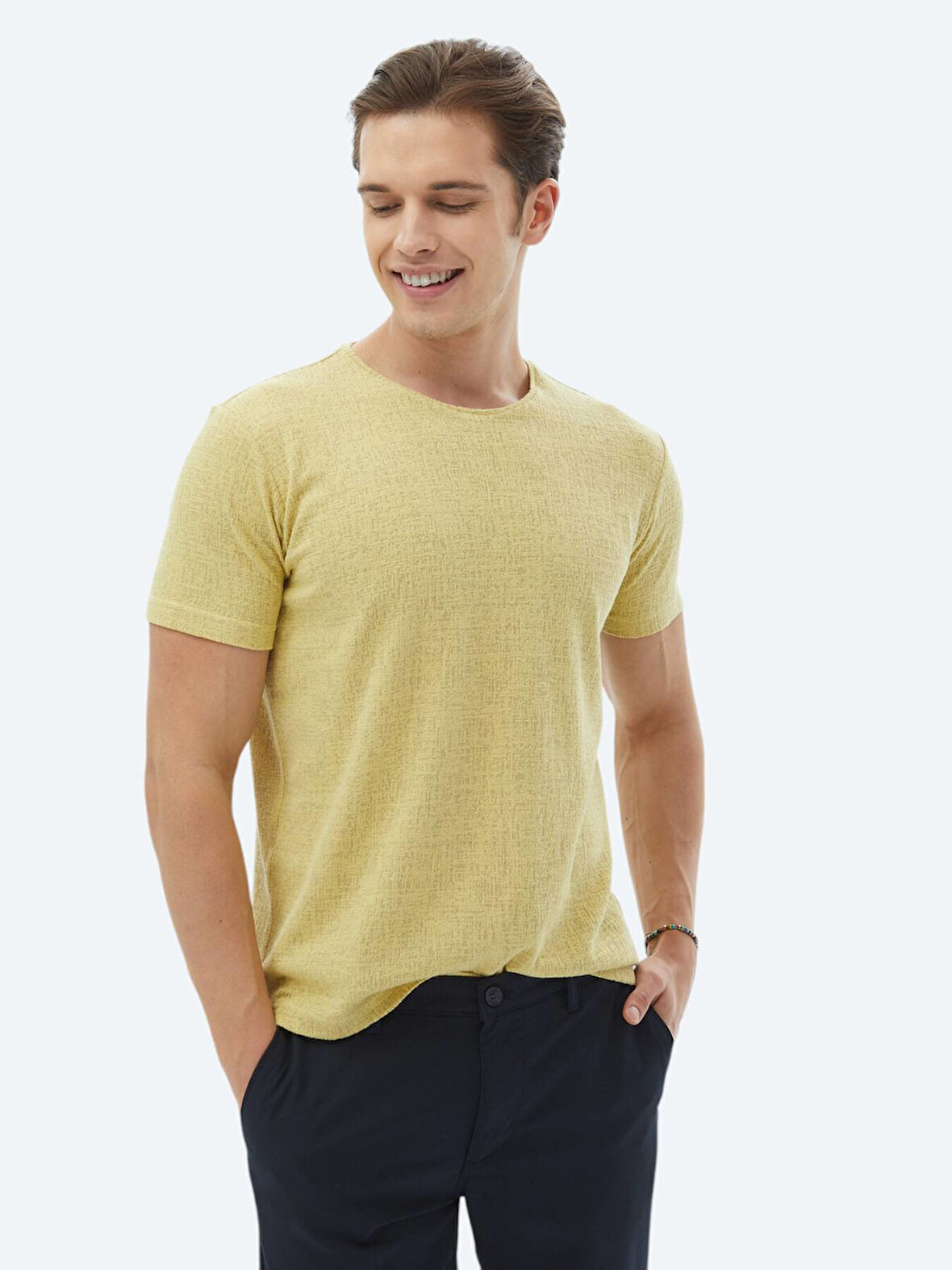 Limon Küfü Jakarlı Bisiklet Yaka Pamuk Karışımlı T-Shirt