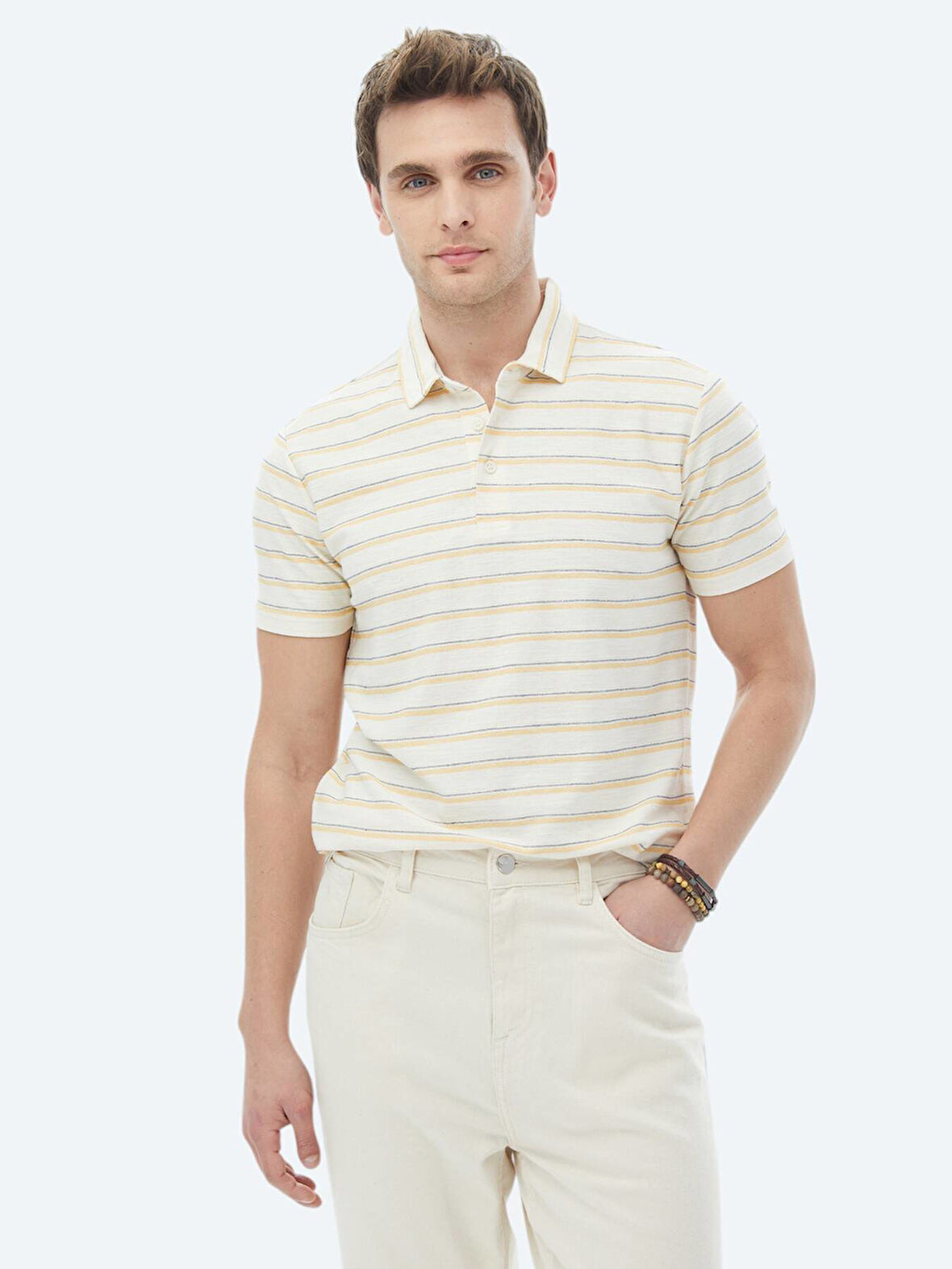 Ekru Çizgili Polo Yaka Pamuk Karışımlı T-Shirt