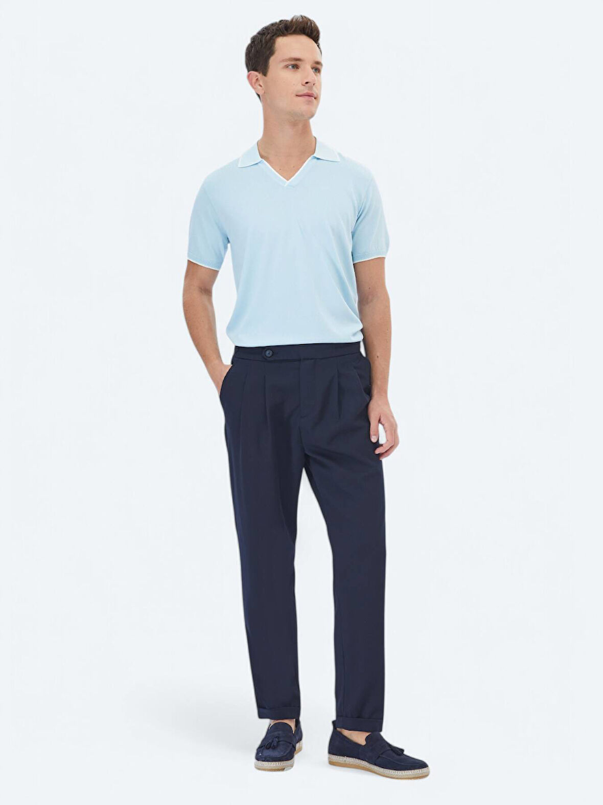 Lacivert Düz Dokuma Carrot Fit Smart Casual Pantolon