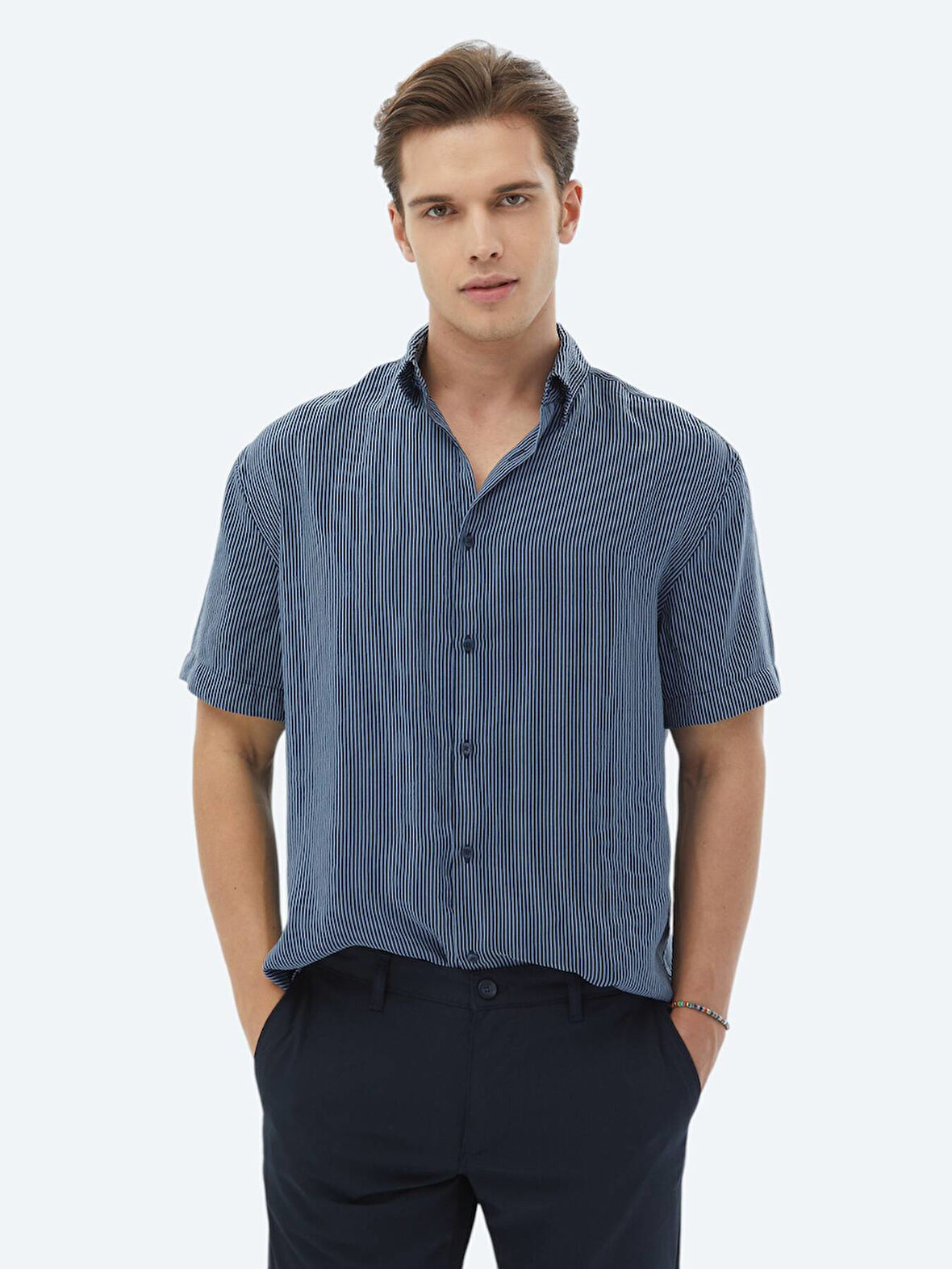 Koyu Mavi Çizgili Oversize Fit Dokuma Casual Gömlek