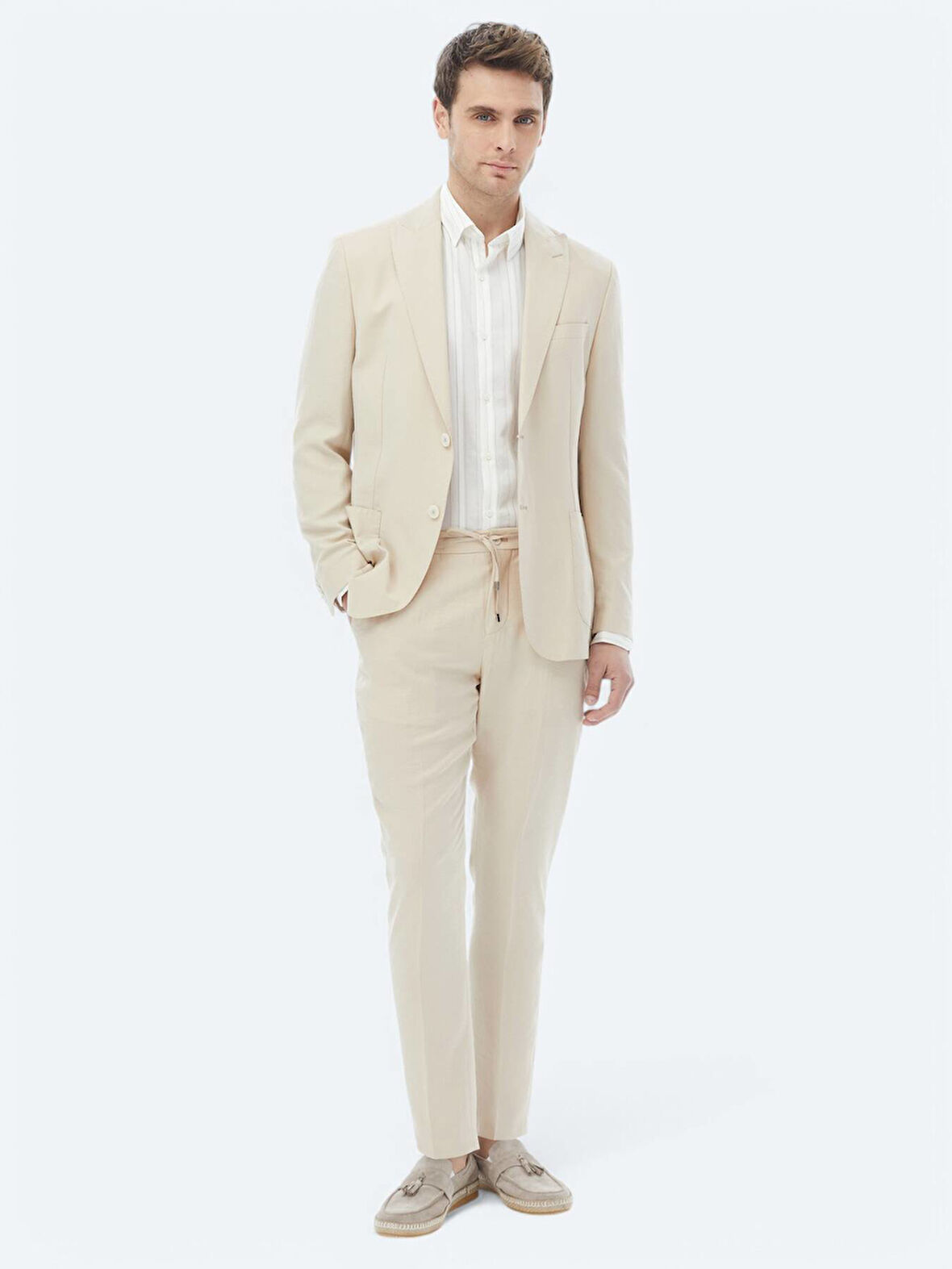 Bej Düz Modern Fit Takım Elbise