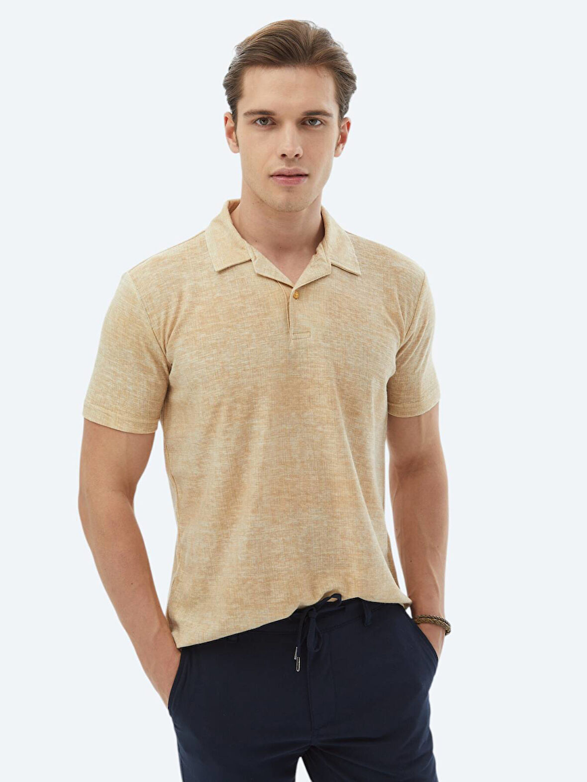 Safran Baskılı Küba Yaka Pamuk Karışımlı T-Shirt