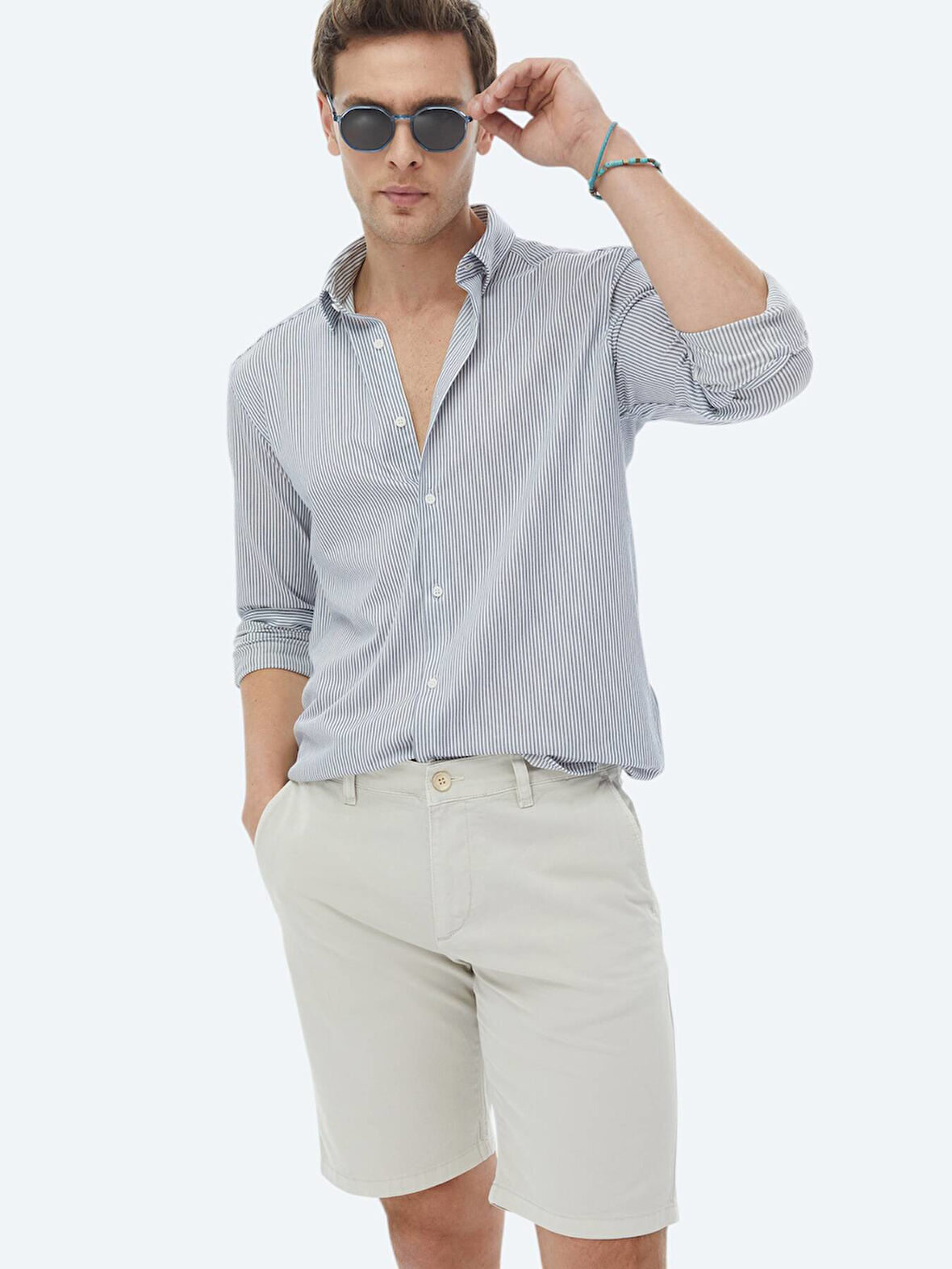 Koyu Mavi Çizgili Regular Fit Casual Pamuk Karışımlı Gömlek