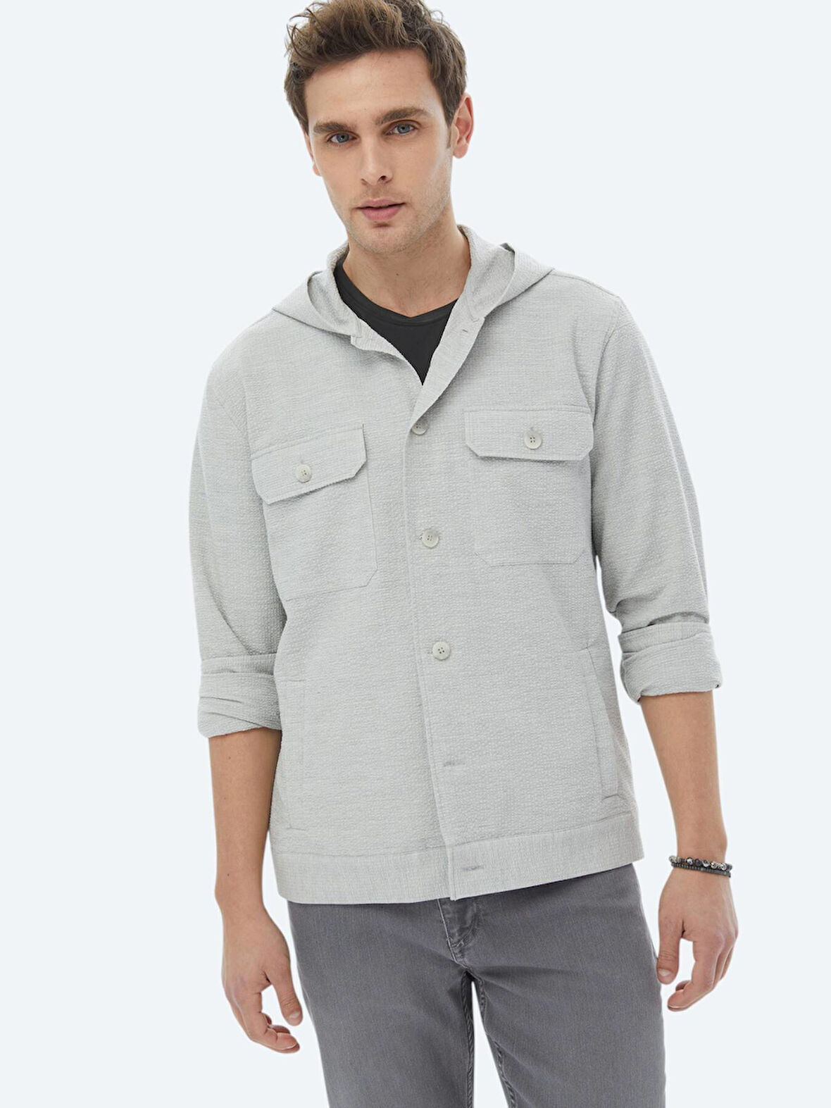 Gri Regular Fit Dokuma Pamuk Karışımlı Overshırt