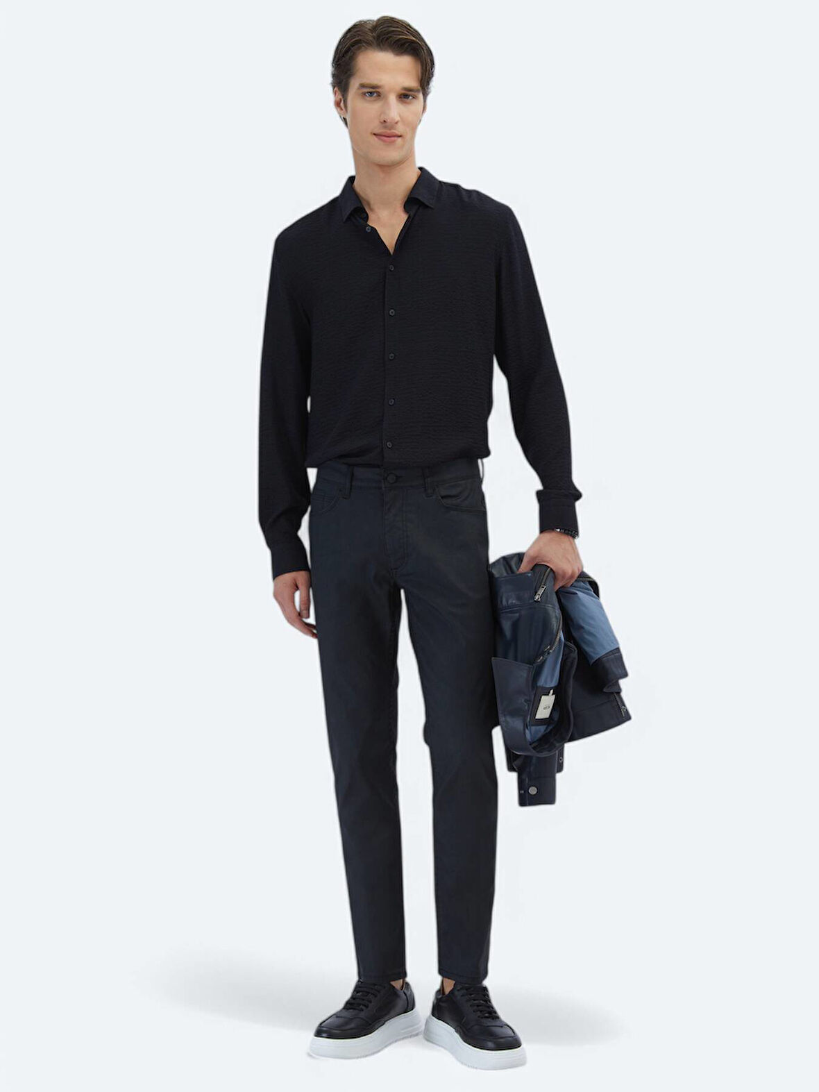 Siyah Düz Dokuma Fitted Fit Casual Pamuk Karışımlı Pantolon