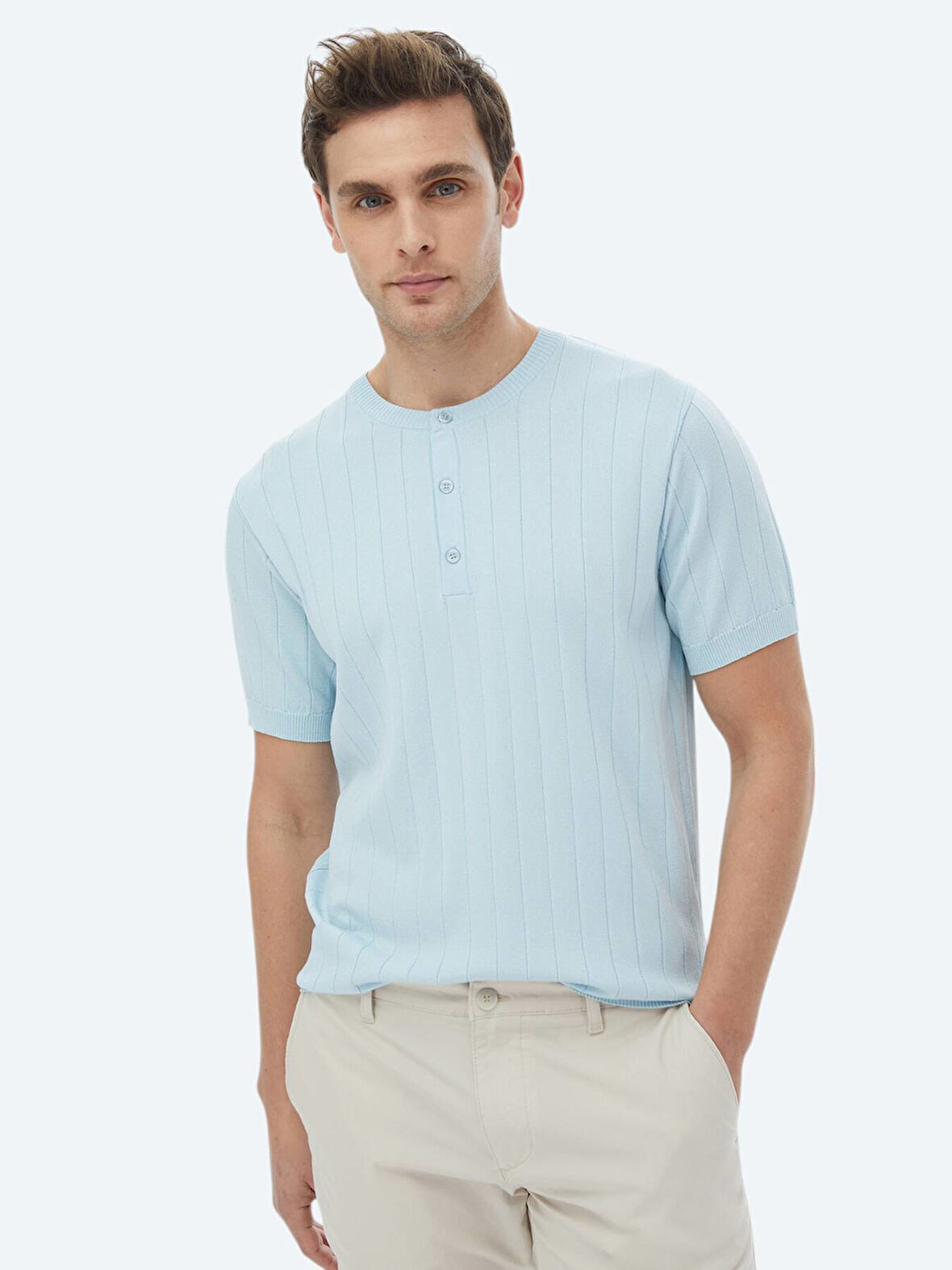 Açık Mavi Hakim Yaka Jakarlı Triko