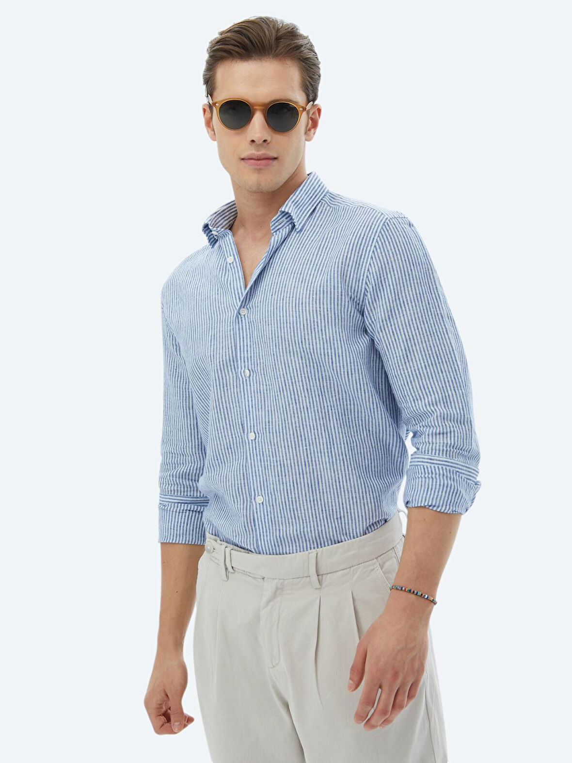 Lacivert Çizgili Regular Fit Dokuma Casual Pamuk Karışımlı Gömlek