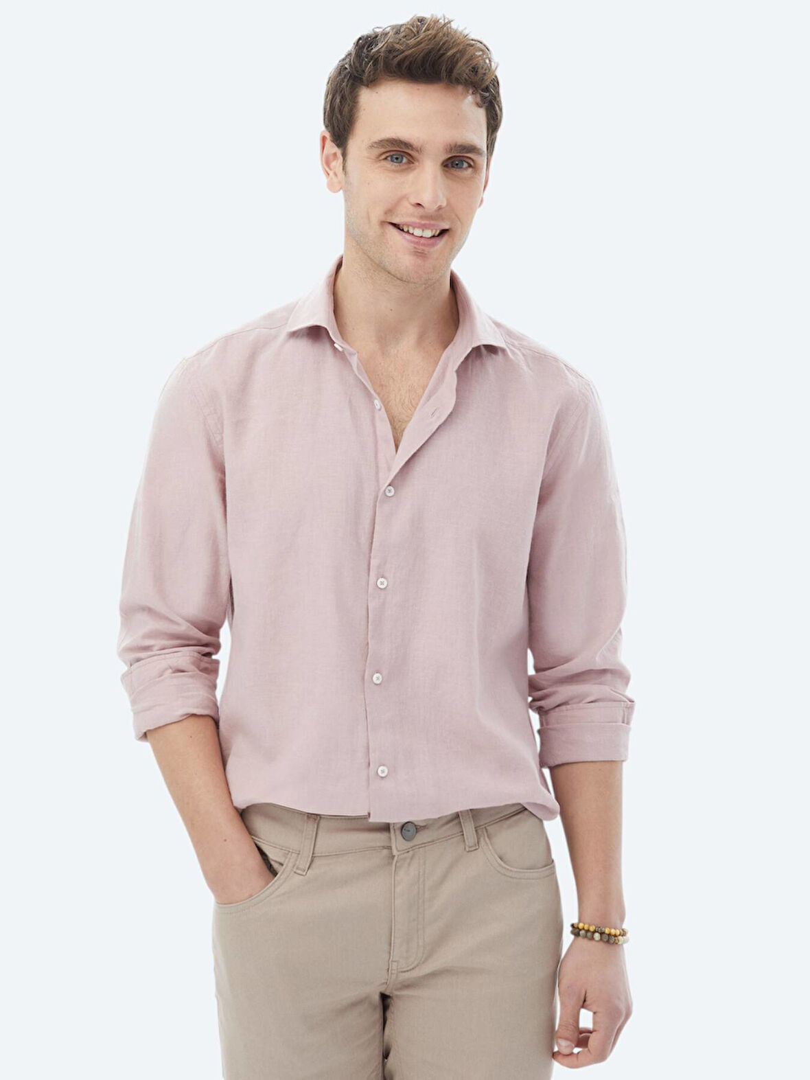Pembe Düz Regular Fit Dokuma Casual Pamuk Karışımlı Gömlek