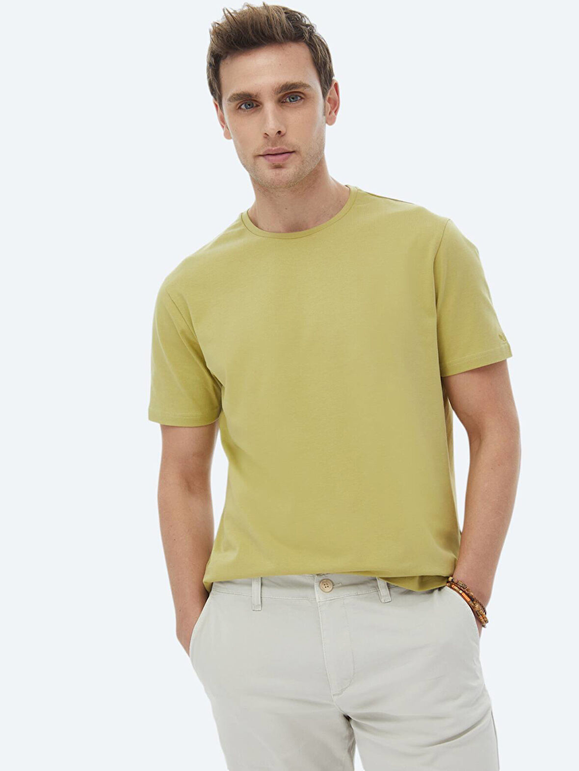 Limon Küfü Düz Bisiklet Yaka Pamuk Karışımlı T-Shirt