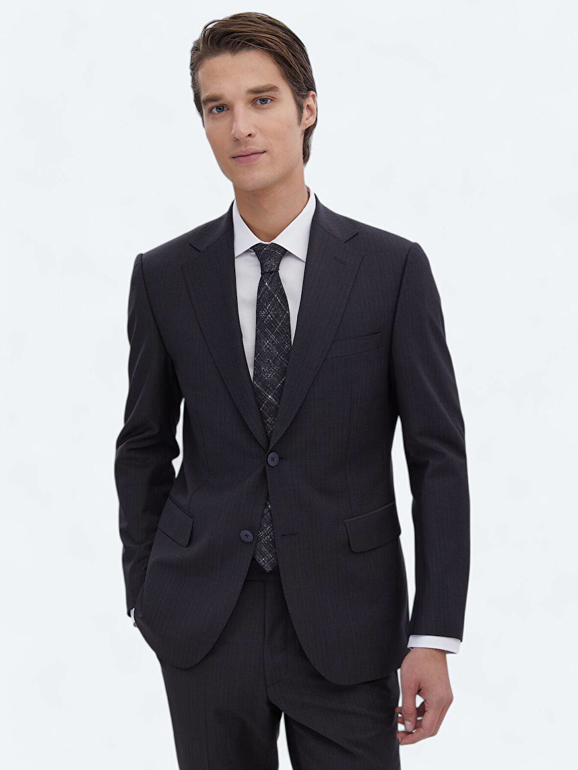 Lacivert Desenli Modern Fit Yün Karışımlı Takım Elbise