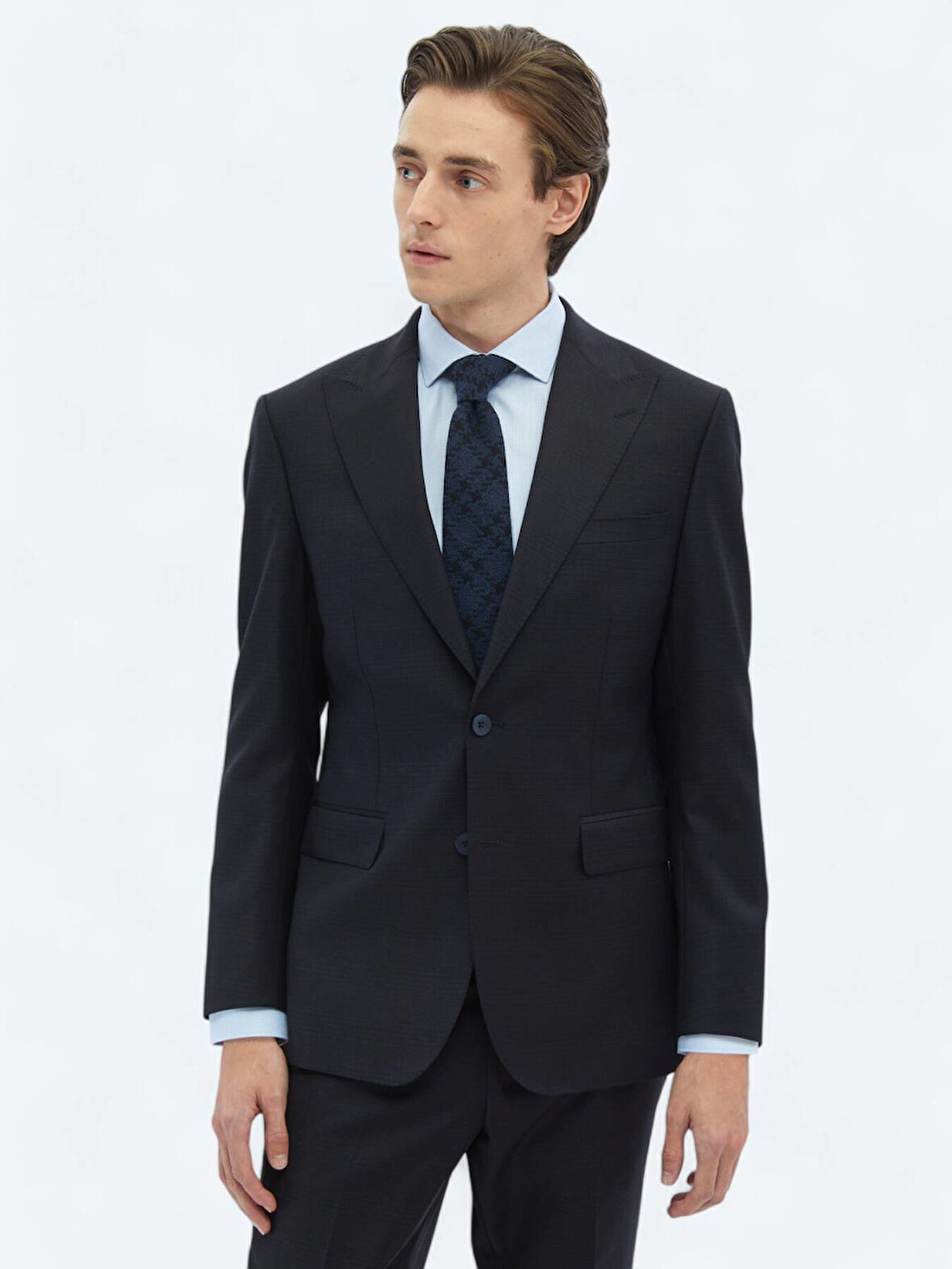 Siyah Desenli Modern Fit Yün Karışımlı Takım Elbise