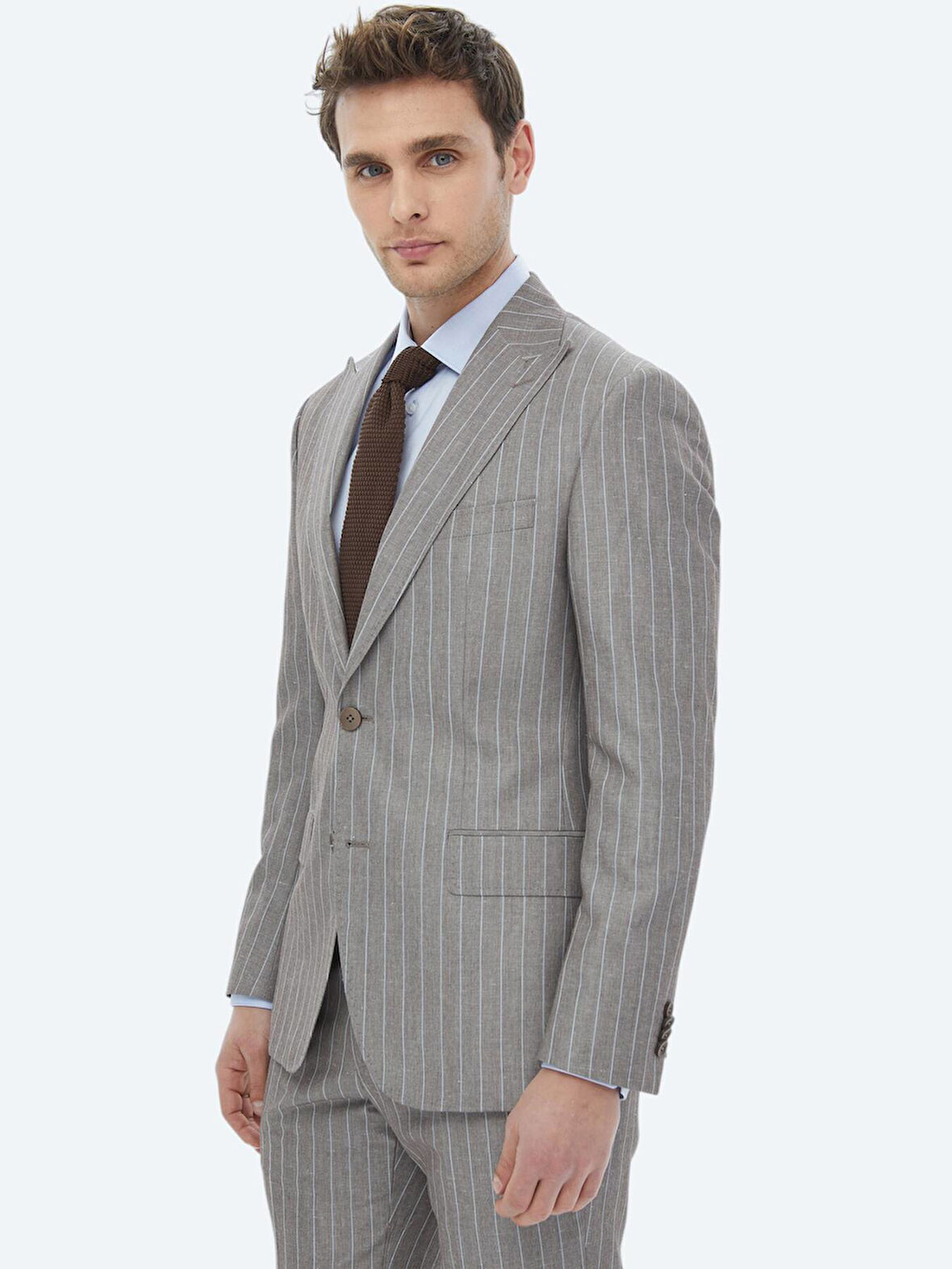 Vizon Çizgili Modern Fit Keten Karışımlı Takım Elbise