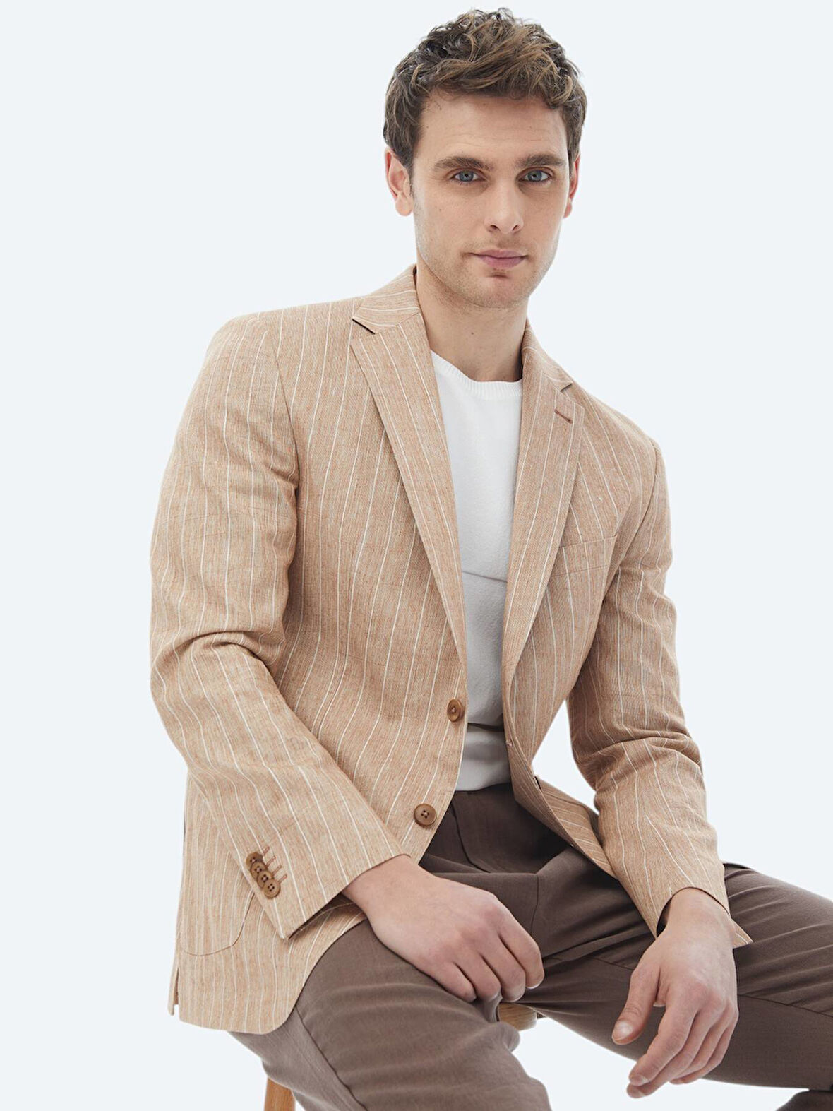 Kiremit Çizgili Modern Fit Pamuk Karışımlı Ceket