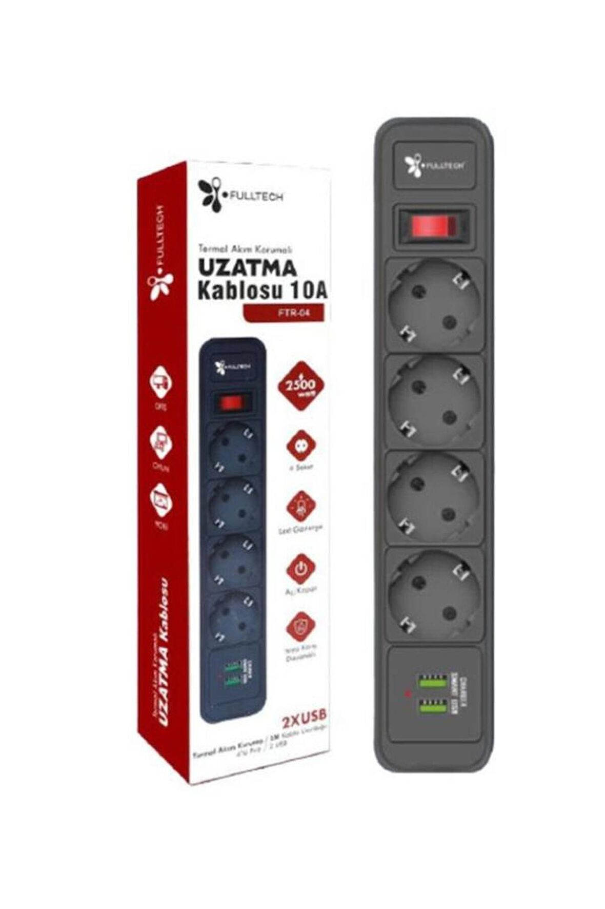 Fulltech Termal Akım Korumalı, Isıya Dayanıklı 4'lü Priz 2 m 2 USB'li  FTR-04