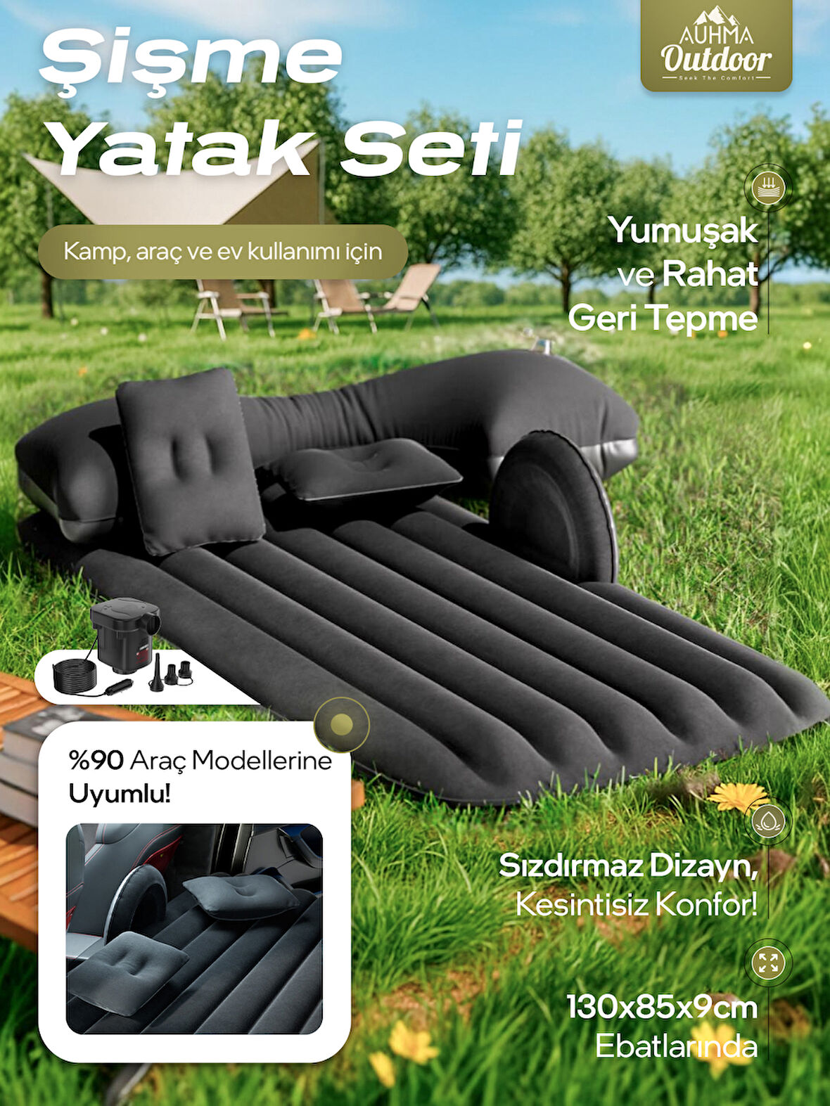 Auhma AB167 Şişme Yatak Seti | 12/24V Hava Pompa Hediyeli | Araç İçi - Kamp - Ev Kullanımı İçin